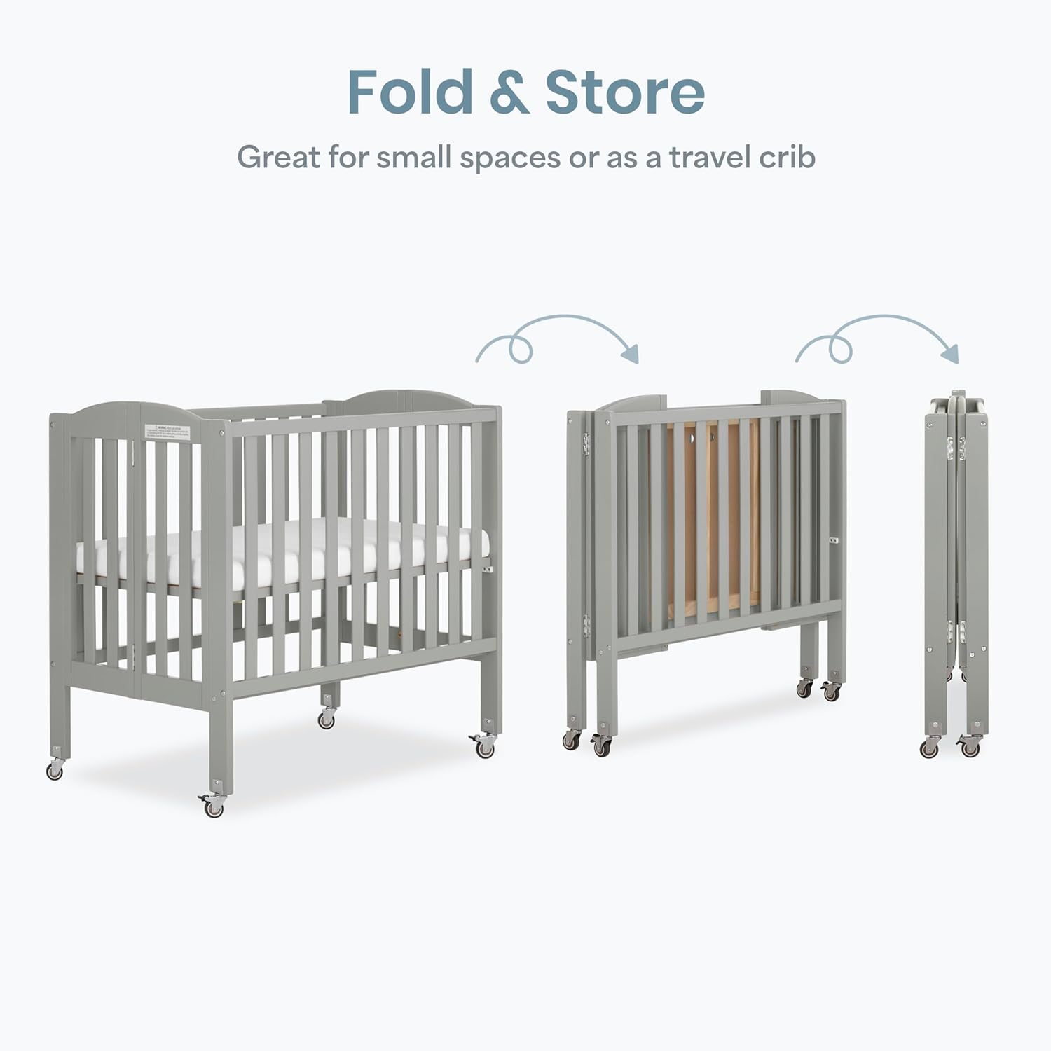 Dream On Me 2-in-1 Portable Mini Crib, Non-Full Size Baby Crib for Small Spaces, 2 Mattress Heights, Compact Travel Design, Includes Mattress, GREENGUARD Gold & BSA Certified, Cool Grey