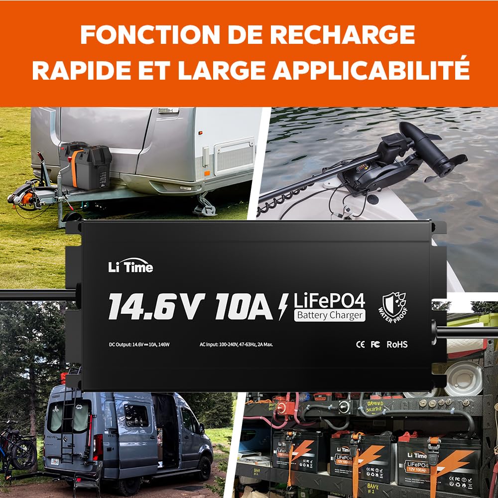 LiTime 14.6V 10A Chargeur LiFePO4 étanche IP67, Chargeur AC-DC au Lithium LiFePO4 avec Fonction de Charge Intelligente à 0V, indicateur LED