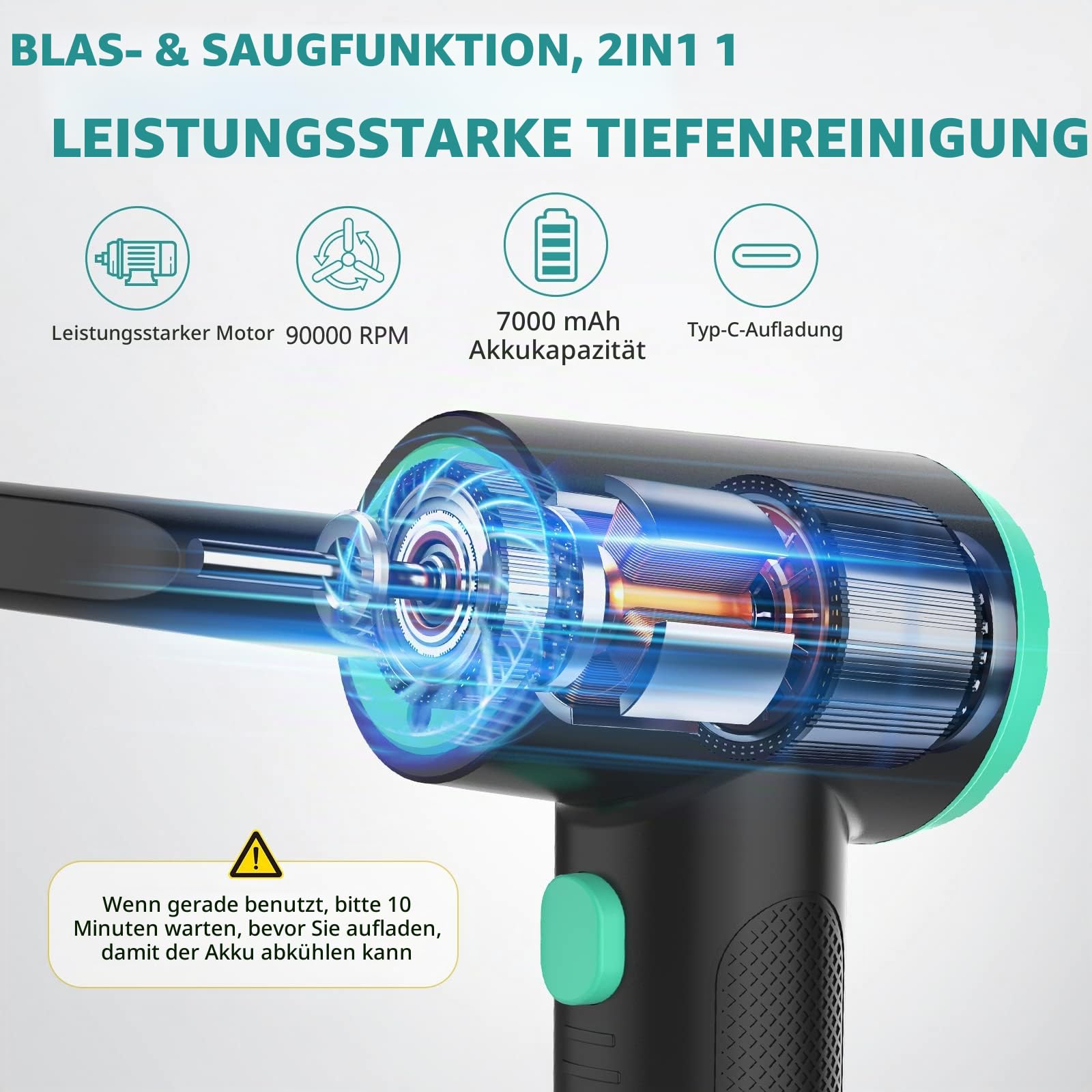 2-in-1 Elektrischer Staubgebläse und Mini-Staubsauger, 90.000RPM PC Reinigung, 12Kpa Kabelloser Tastatur Reiniger, 3-Gang Air Duster, 90W, 7000mAh Akku für Tastatur, PC, Sofas, Auto Zubehör