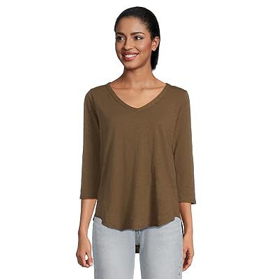 Mod o doc 3/4 Sleeve V Neck T Shirts with Curved Hem Women