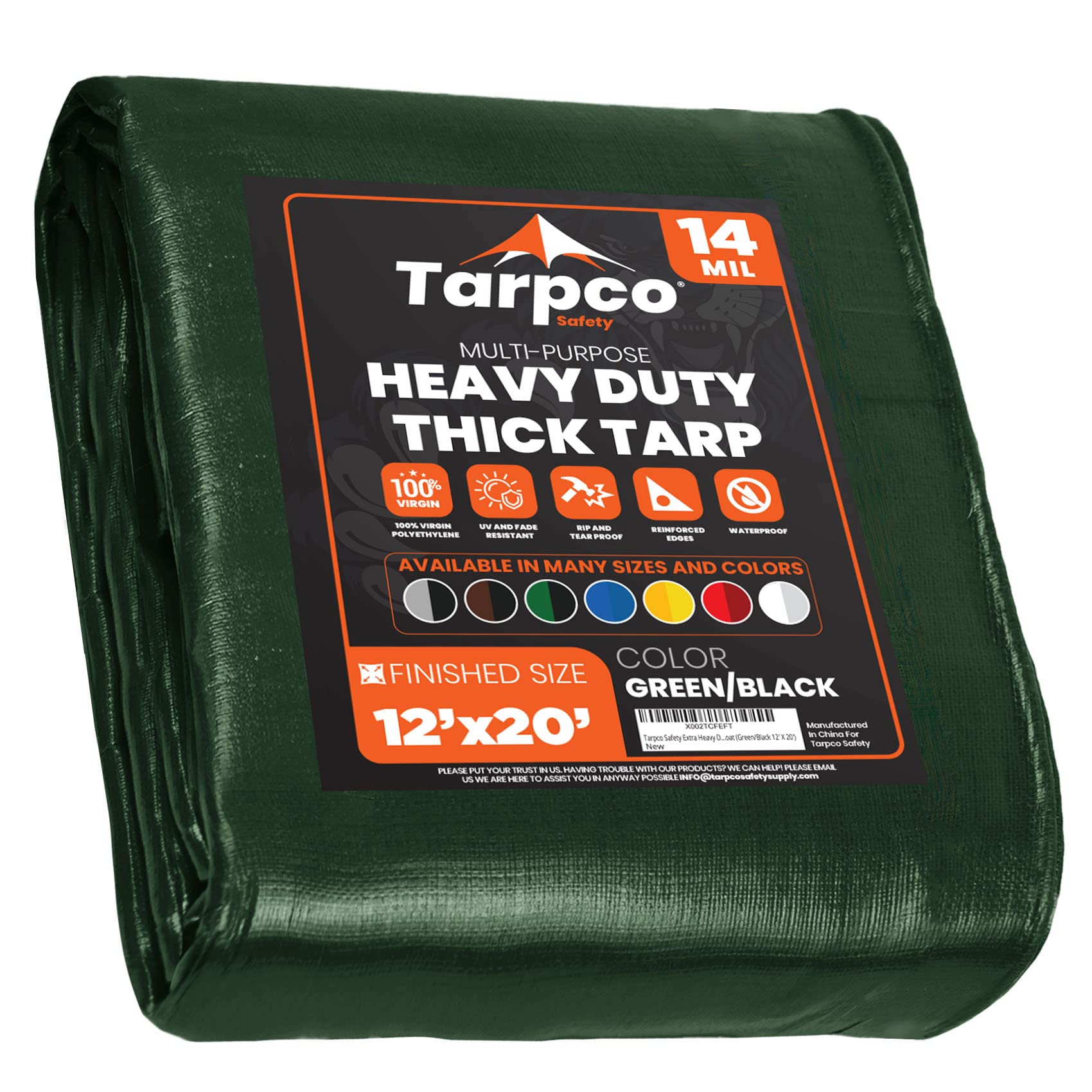 Extra Heavy Duty 14 Mil Tarp Cover, Waterproof, UV Resistant, Rip and Tear Proof, Poly Tarpaulin with Reinforced Edges for Roof, Camping, Patio, Pool, Boat (Green/Black 12′ X 20′)