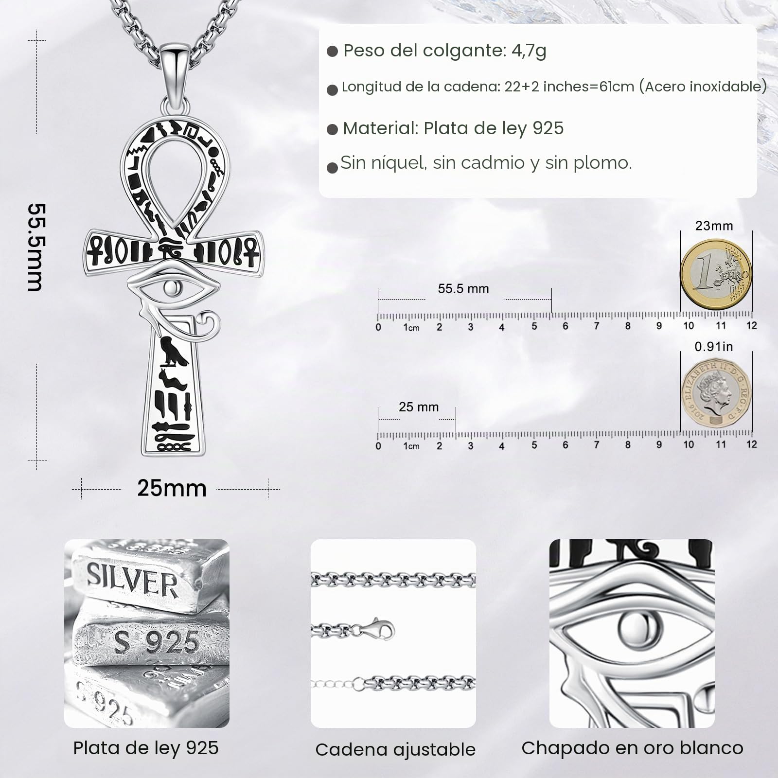 Eusense Ankh Colgante Collar Cruz Egipcia con Ojo de Horus en Plata de Ley 925 Ankh Collar Cruz Amuleto Cadena de Egipto para Hombre