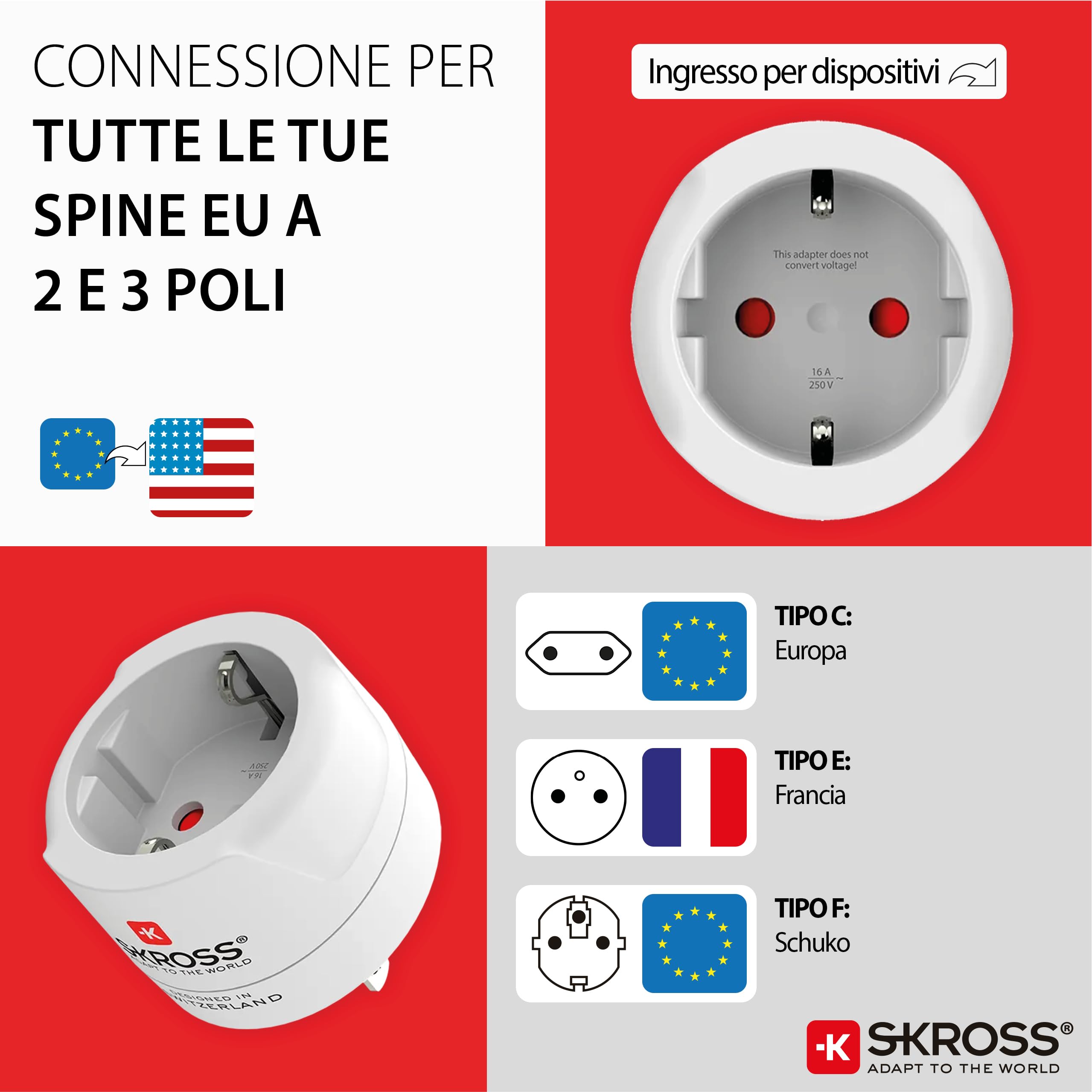 SKROSS | 1.500203-E | Europe to USA | Adattatore da Viaggio Internazionale - Entrata Presa Shuko o Europea, Uscita Spina USA - Tensione e Potenza 100V – 1500W / 250V – 3750W. Protezione Anti Scossa