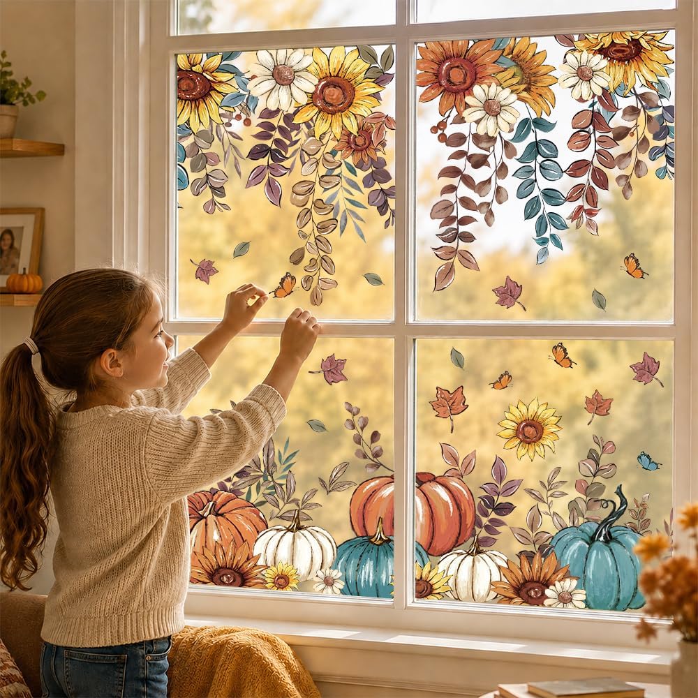 8 Sheets Fall Window Clings Sunflower Pumpkin Sticker Autumn Glass Decor image 5