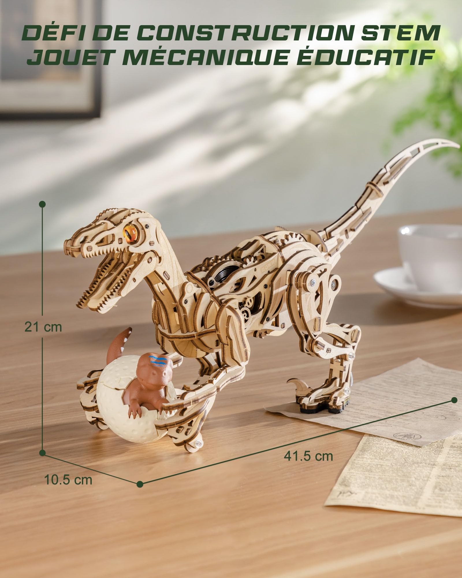 ROKR Puzzle 3D Bois Jouets de Dinosaures, Maquette en Bois a Construire Adulte Vélociraptor, Puzzle 3D Animal Marcheur Cadeaux pour Enfants et Adultes, Velociraptor, LD01