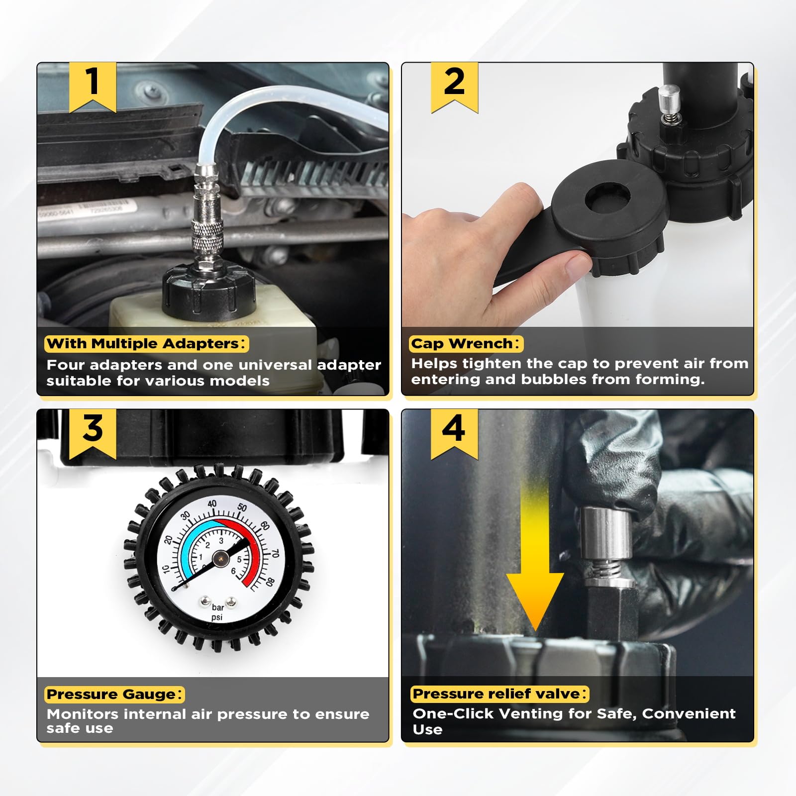 Spurgo freni 3L Dispositivo per la sostituzione del liquido freni Set di spurgo freni per auto con contenitore di aspirazione da 1 litro 4 adattatori e adattatore universale per spurgo freni