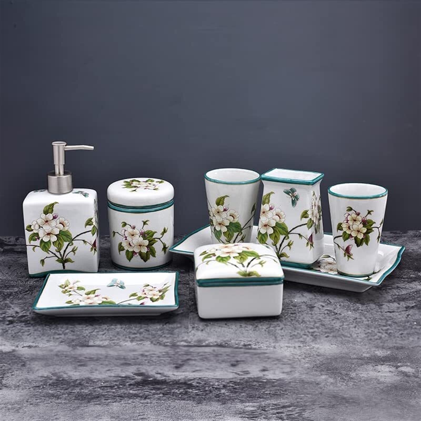 Kit di accessori per il bagno, include vassoio in ceramica, portaspazzolino, tazza per denti, 2 dispenser per lozioni, portasapone, cartuccia e coperchio per polvere (dimensioni: C)