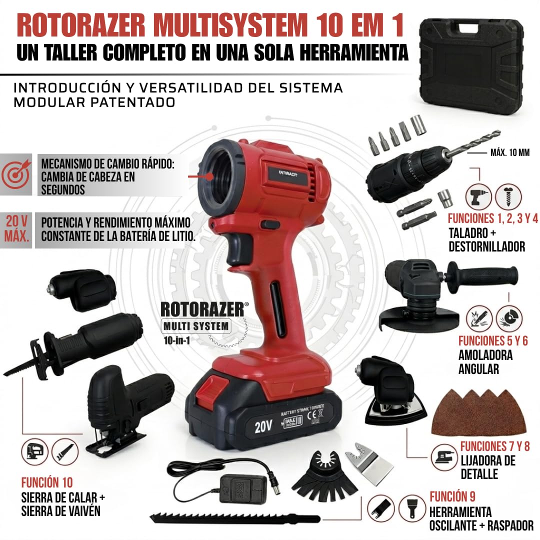 Rotorazer Multi System 10 en 1 - Multiherramienta Inalámbrica 20V: Taladro Percutor, Sierra de Calar, Amoladora, Lijadora y Oscilante | Kit Completo con Maletín y Batería 1500mAh