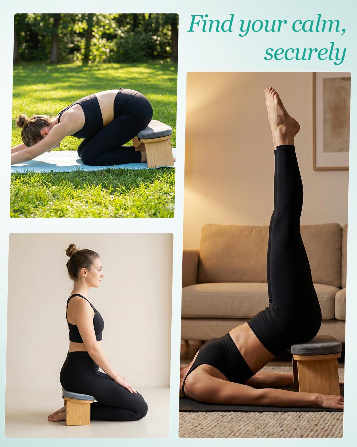Banc de méditation avec coussin, tabouret de méditation pliable en bambou pour femme, banc de prière Seiza, banc de méditation à genoux, idéal pour la méditation, la prière, le yoga (gris)