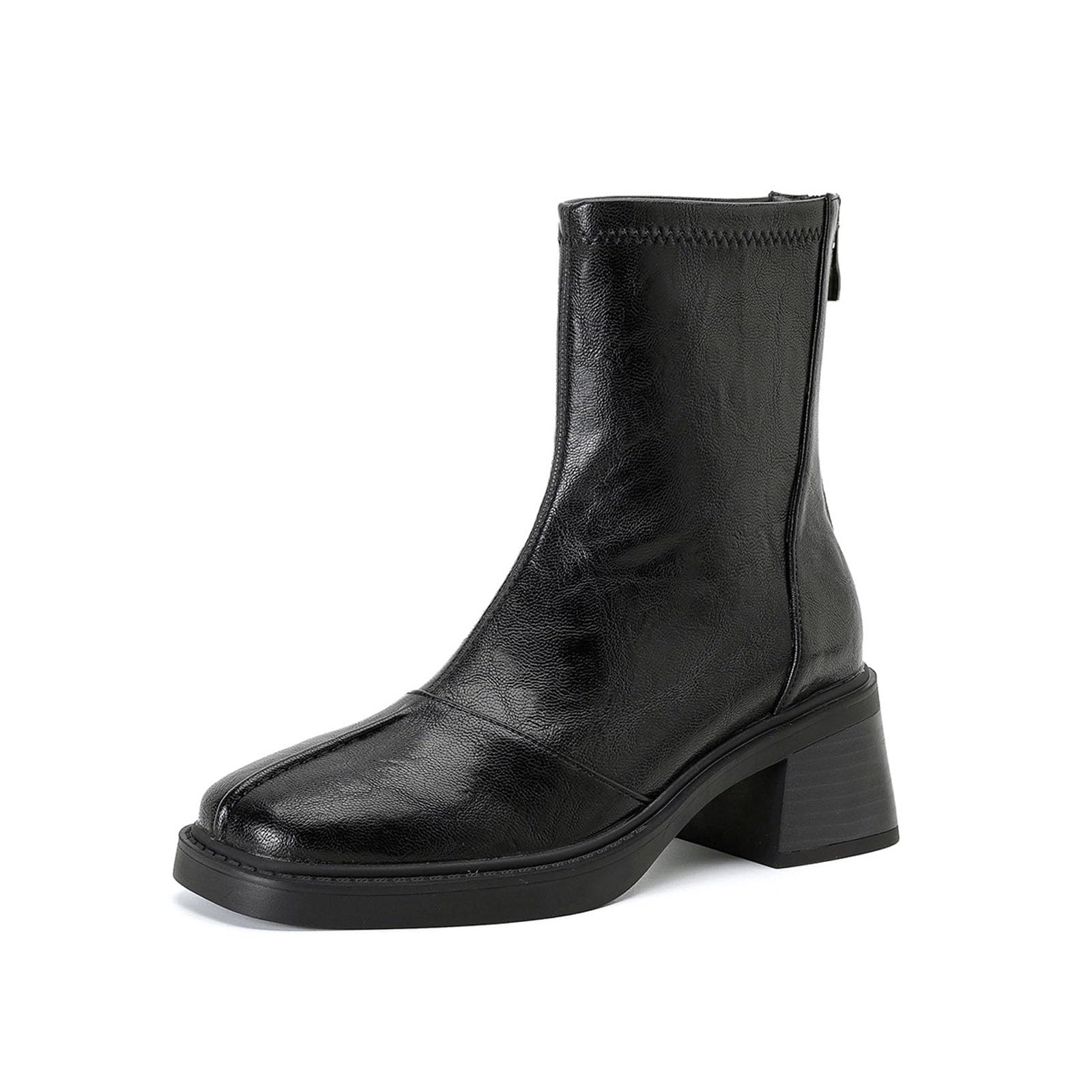 Womens Square-Toe Leather Chunky Heel Ankle Boots Stylish Back Zipper Chunky Low Heel Short Booties For Office Dinner