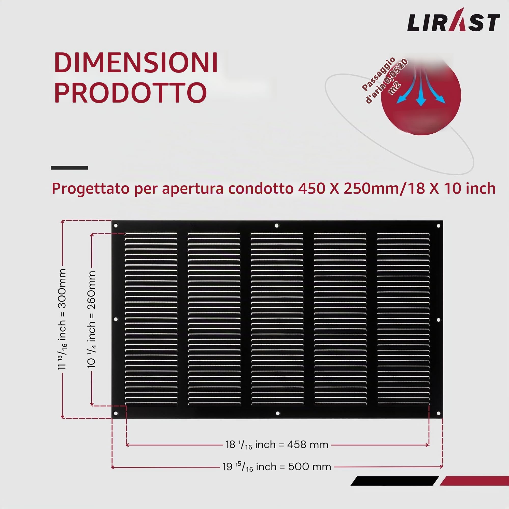 500x300mm Griglie D'Aerazione/Ventilazione in Metallo - Nera Griglia D'aria con Rete Anti Insetti