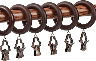 12 Packs Wooden Curtain Rod Rings with Drapery Clips,Retro Brown Farmhouse Beech Wood Drapes Rings 1.77 Inch Interior Diamete for 1.3-1.5 inch Curtain Rod Pole