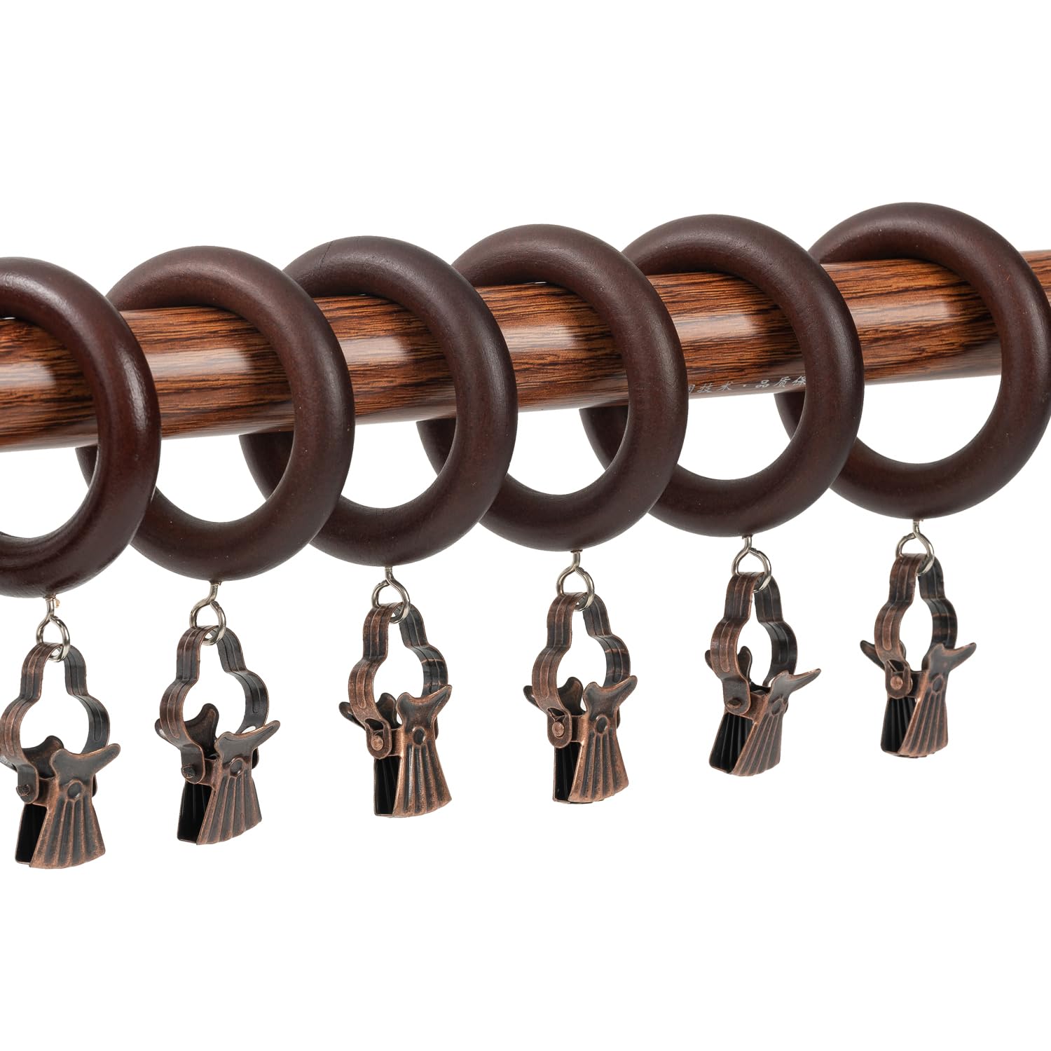 Photo 1 of 12 Packs Wooden Curtain Rod Rings with Drapery Clips,Retro Brown Farmhouse Beech Wood Drapes Rings 1.77 Inch Interior Diamete for 1.3-1.5 inch Curtain Rod Pole