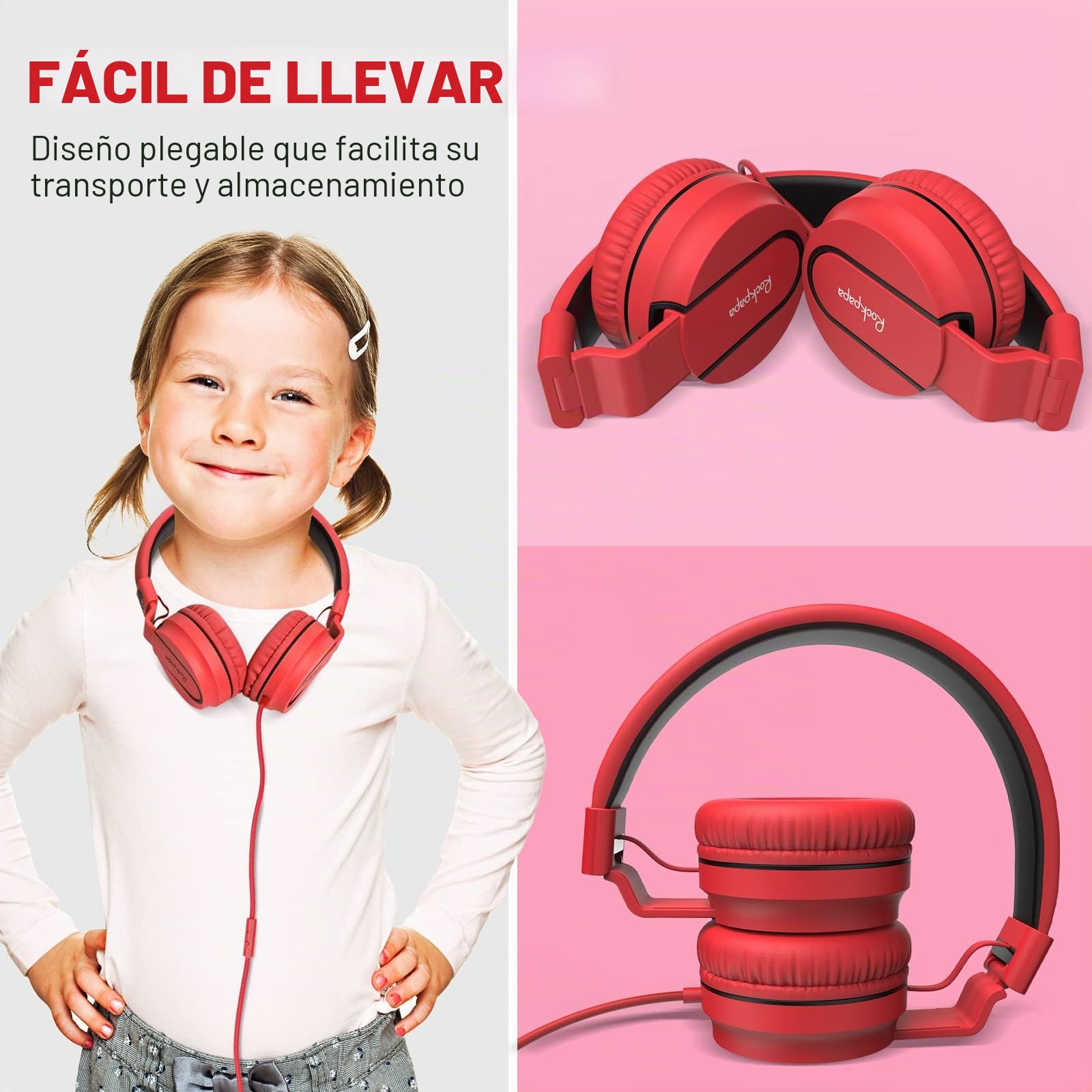 RockPapa Auriculares On-Ear, Auriculares con Cable y Microfono, Ligeros, Cómodos y Plegables Audifonos para Niños Estudiantes Adolescentes, para PC/Mac/portátil/teléfono/DVD-Negro Rojo
