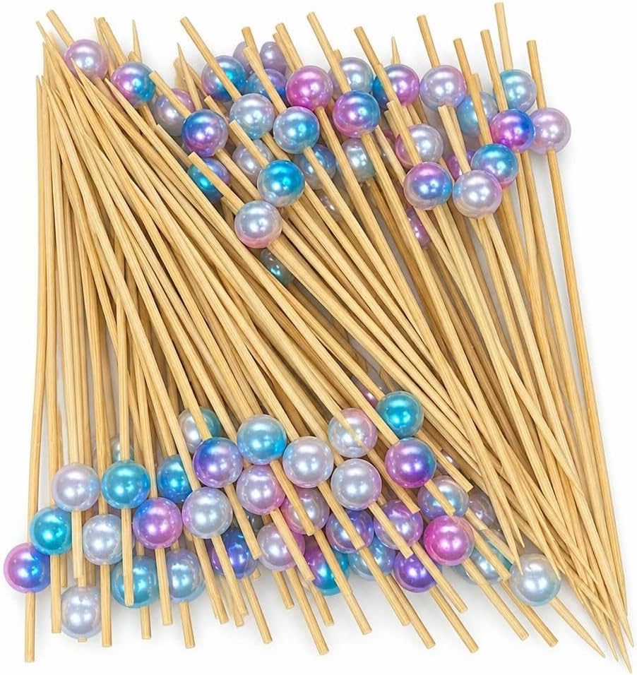 100 Cocktail Picks Pearl Toothpicks for Appetizers Bamboo Cocktail Sticks Fancy Skewers for Appetizers Drinks Charcuterie Boards Wedding Bridal Shower Party Decorations (Blue)