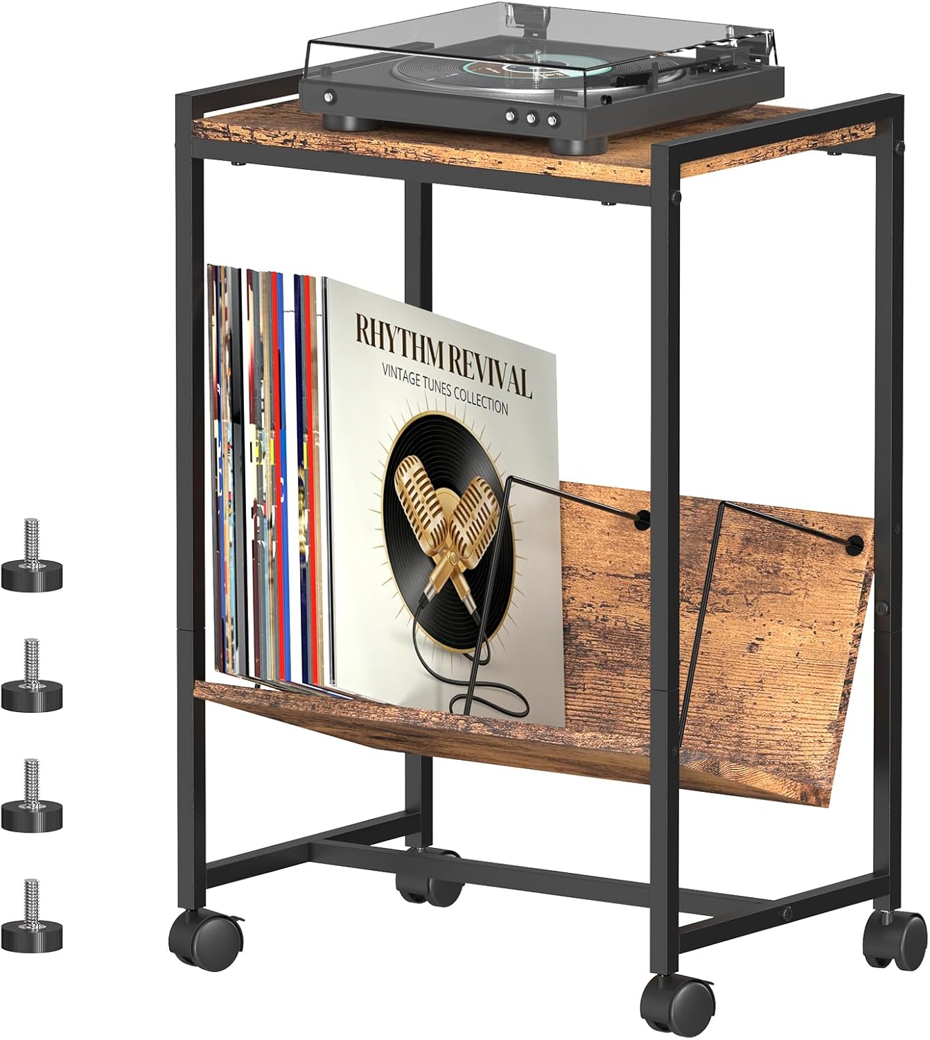 Record Player Stand with Vinyl Storage 2 tier Record Table Stand Brown Vinyl Record Shelf with Wheels Turntable Stand with Record Holder Album Vinyl Display Shelf Vinyl Player Cabinet
