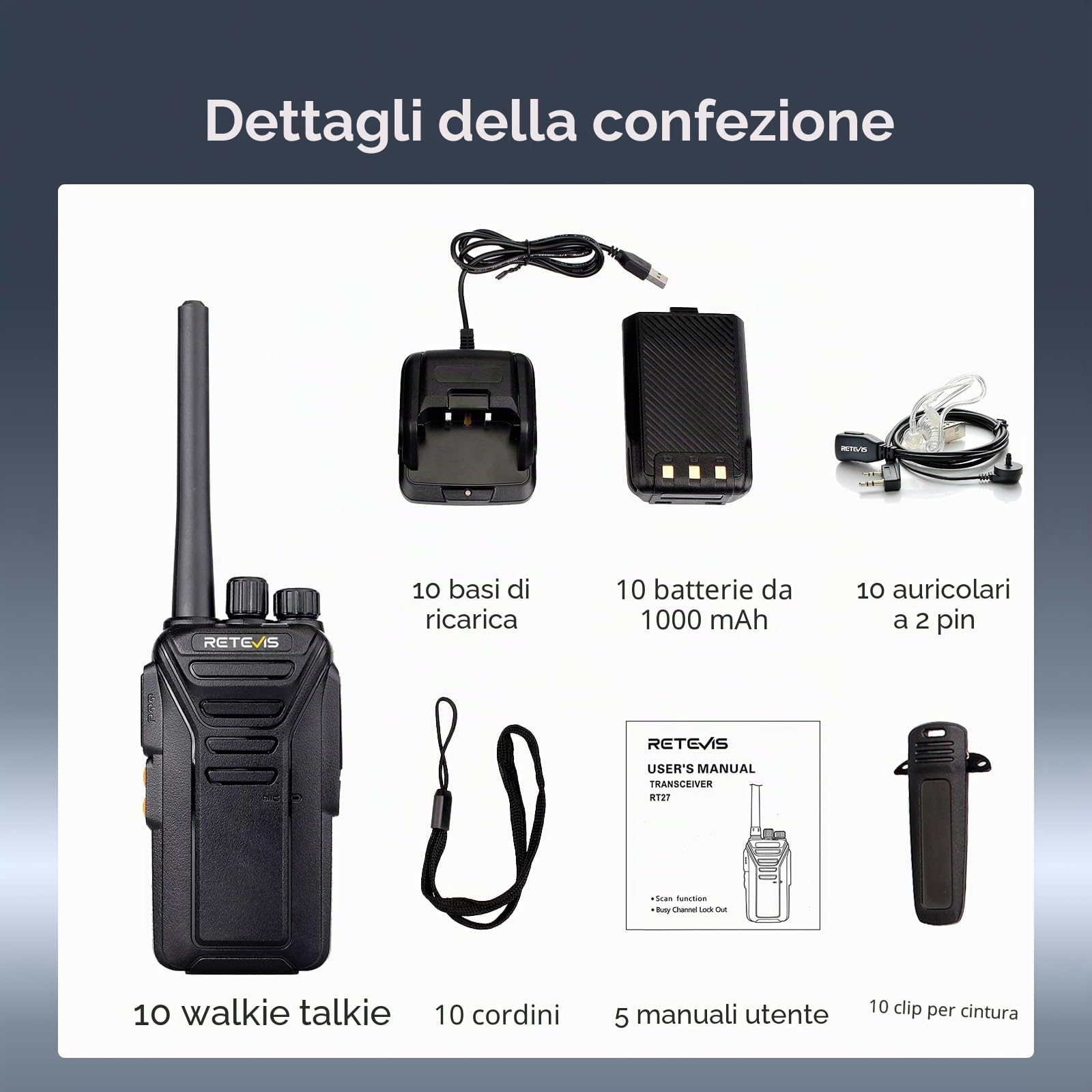 Retevis RT27 Ricetrasmittenti Professionali, Walkie-Talkie con Auricolari, Durevole PMR446 Licenza-Libero 16 Canali CTCSS/DCS VOX, Walkie Talkie Professionali per Scuola, Sicurezza(10 Pezzi, Nero)