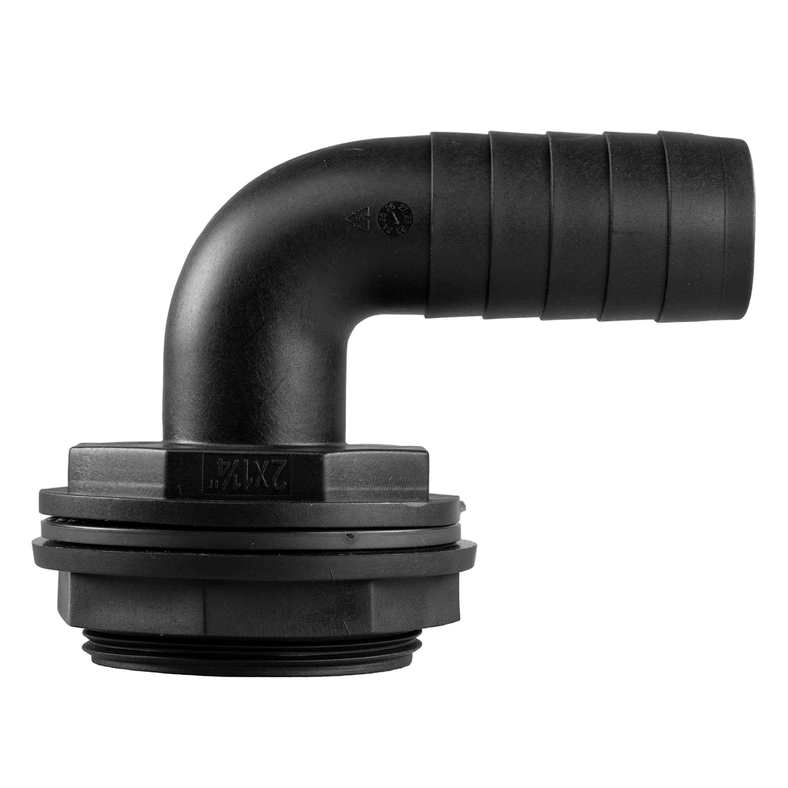 Eotrader Black 90 Degree Water Tank Overflow Vent, Water Butt Barbed Elbow Outlet With Nut & Washer 1/2" – 2” Bsp Hose Sizes, Garden Rain Capture Tank Linking Connector, Threads Fit 59Mm Hole (2" Bsp - 1.25" Barb)