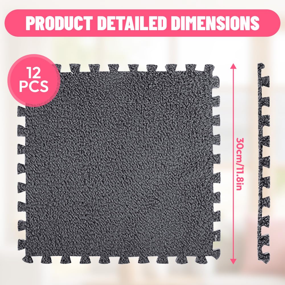 12 Stück Ineinandergreifende Plüsch-Schaumstoffmatte,Wohnzimmer-Schlafzimmer-Teppichfliesen,Teppichfliesen Bodenmatten Mit Rand,Weiche Spielmatten Puzzle Teppich 30x30x1cm (Schwarz)