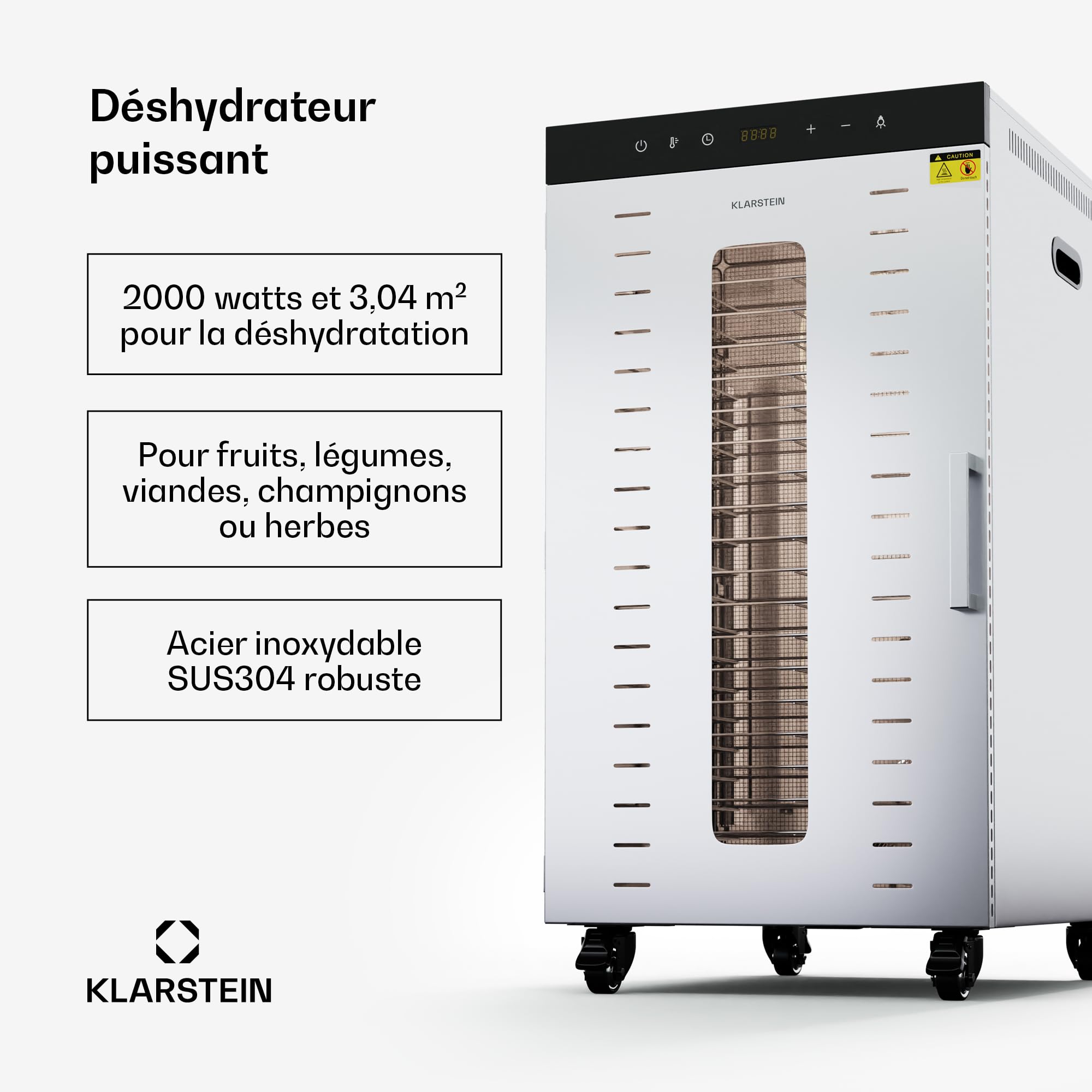 Klarstein Deshidratador De Alimentos, 2000W, 20 Bandejas Acero Inoxidable, 30-90 °C, Temporizador 24h, 3 Ventiladores, 50-55 dB, Ideal Para Frutas, Verduras, Carne y Hierbas, Plateado