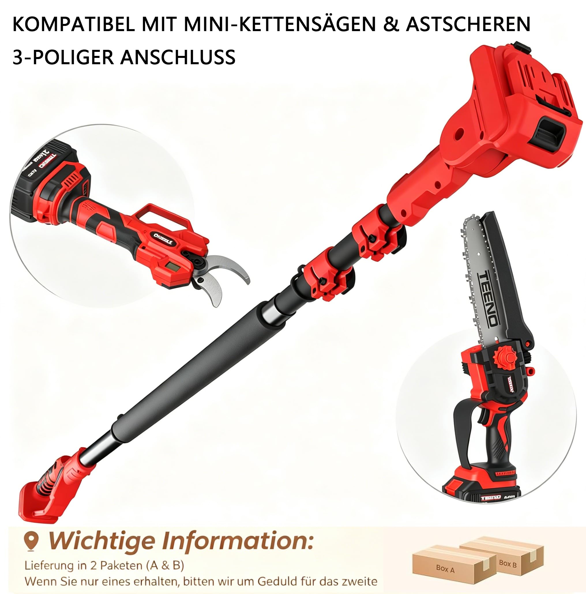 TEENO Mini Motosierra Telescopica 6 Pulgadas & Tijeras de Podar Eléctricas 40mm, 4 en 1 Kit de Herramientas de Jardín con 2 * 4000 mAh Baterías, Alcance hasta 2,8 m