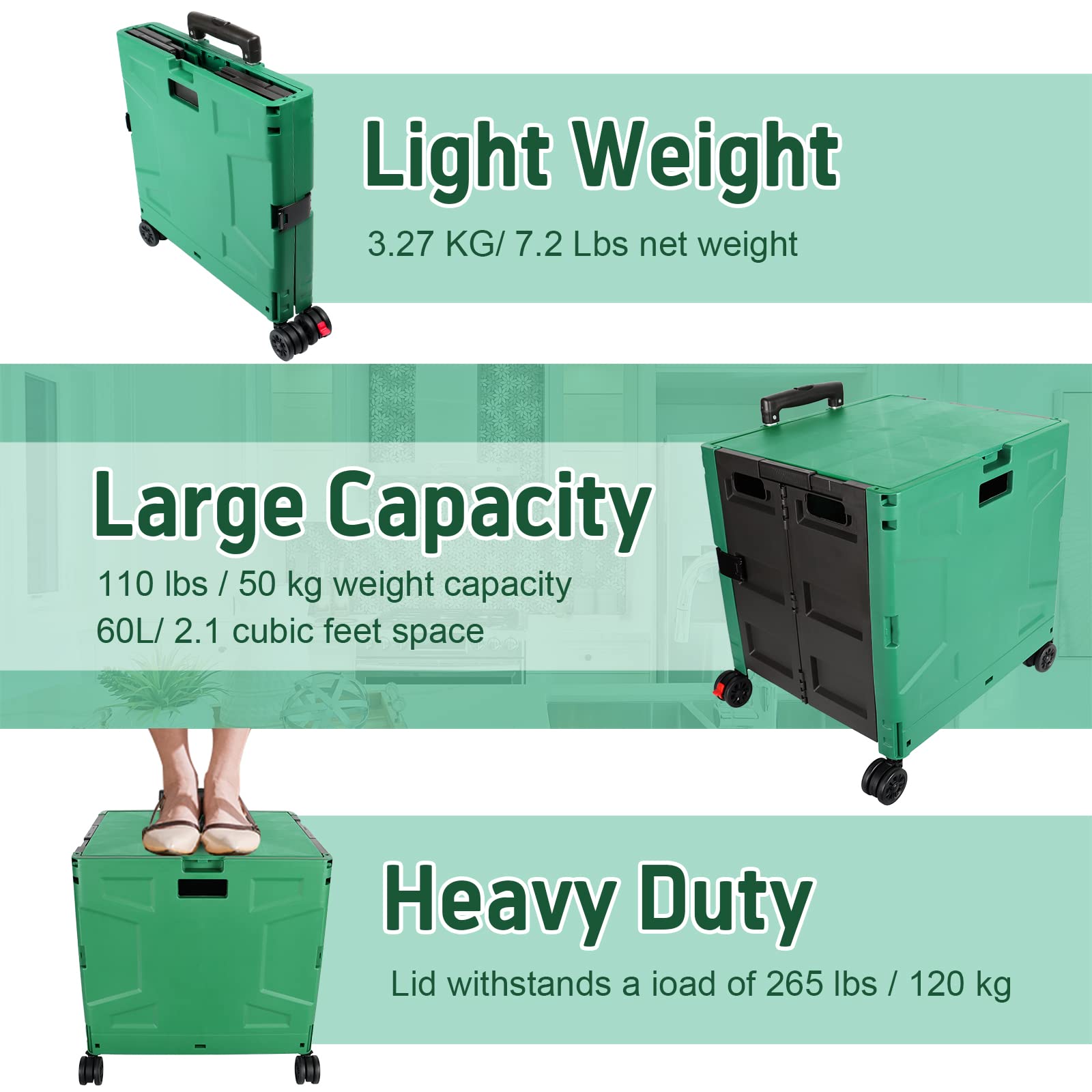 Pieghevole trolley spesa su 4 ruote, Carrello Portaoggetti con Manico Telescopico Regolabile, Cestino Spesa Portatile Resistente da 50 kg con Coperchio per Spesa/Campeggio - Verde/Nero