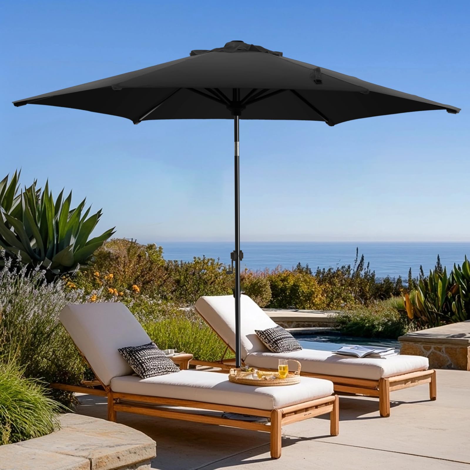 wikiwiki 7.5 FT Patio Umbrellas Outdoor Table Market Umbrella with Push Button Tilt/Crank, 6 Sturdy Ribs, Fade Resistant Waterproof POLYESTER DTY Canopy for Garden, Lawn, Deck, Backyard & Pool, Black