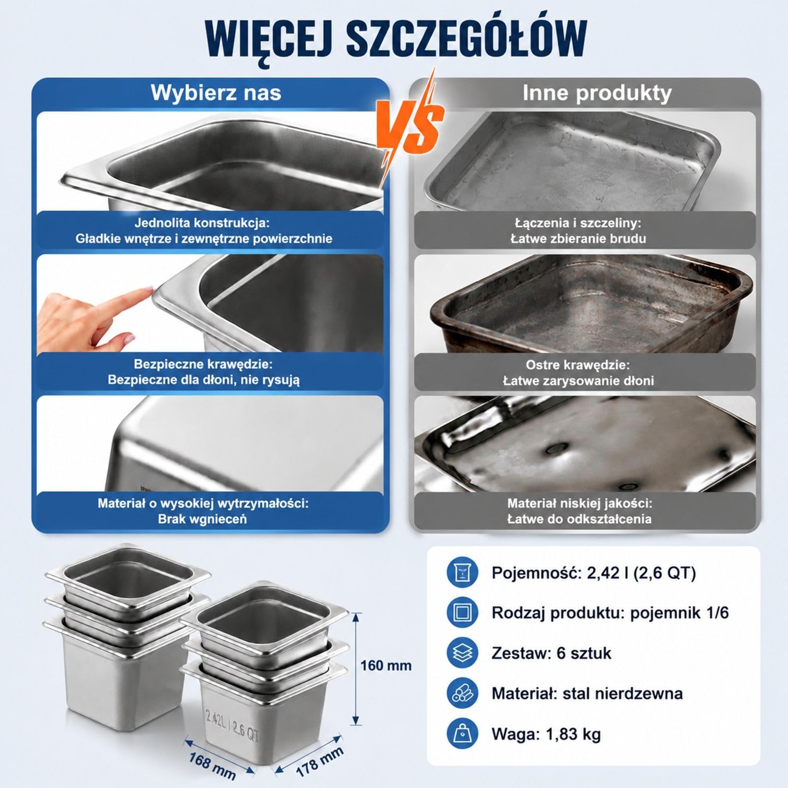 Pojemniki Gastronorm Zestaw 6 Sztuk, Rozmiar 1/6, Stal Nierdzewna 201, 2,42 l, Srebrne, do Bufetu Cateringu Kuchni