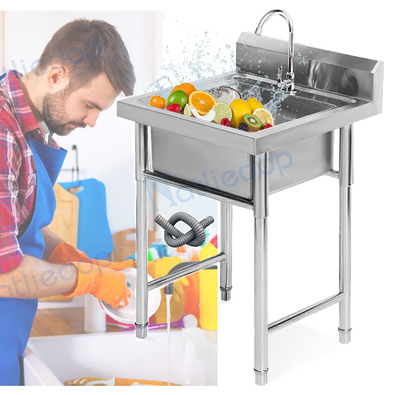 ZQFHSX 304 Stainless Steel Kitchen Sink Handmade 1 Compartment with Stand Platform Utility Catering Unit for Bar Restaurant