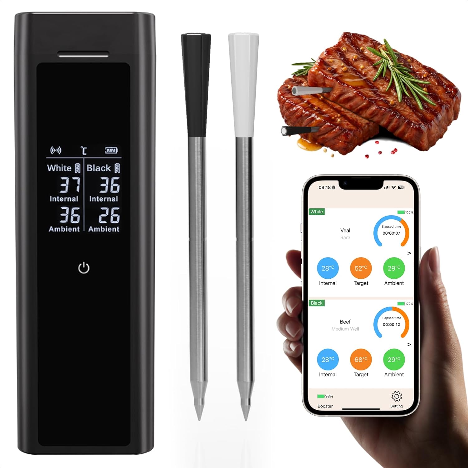 Wireless Meat Thermometer with 2 Color-Coded Probes, ±1.8℉ Accuracy, IP67 Waterproof, App Control & Real-Time Monitoring, Two-Way Alerts for Kitchen, BBQ, Grill, Oven, Smoker