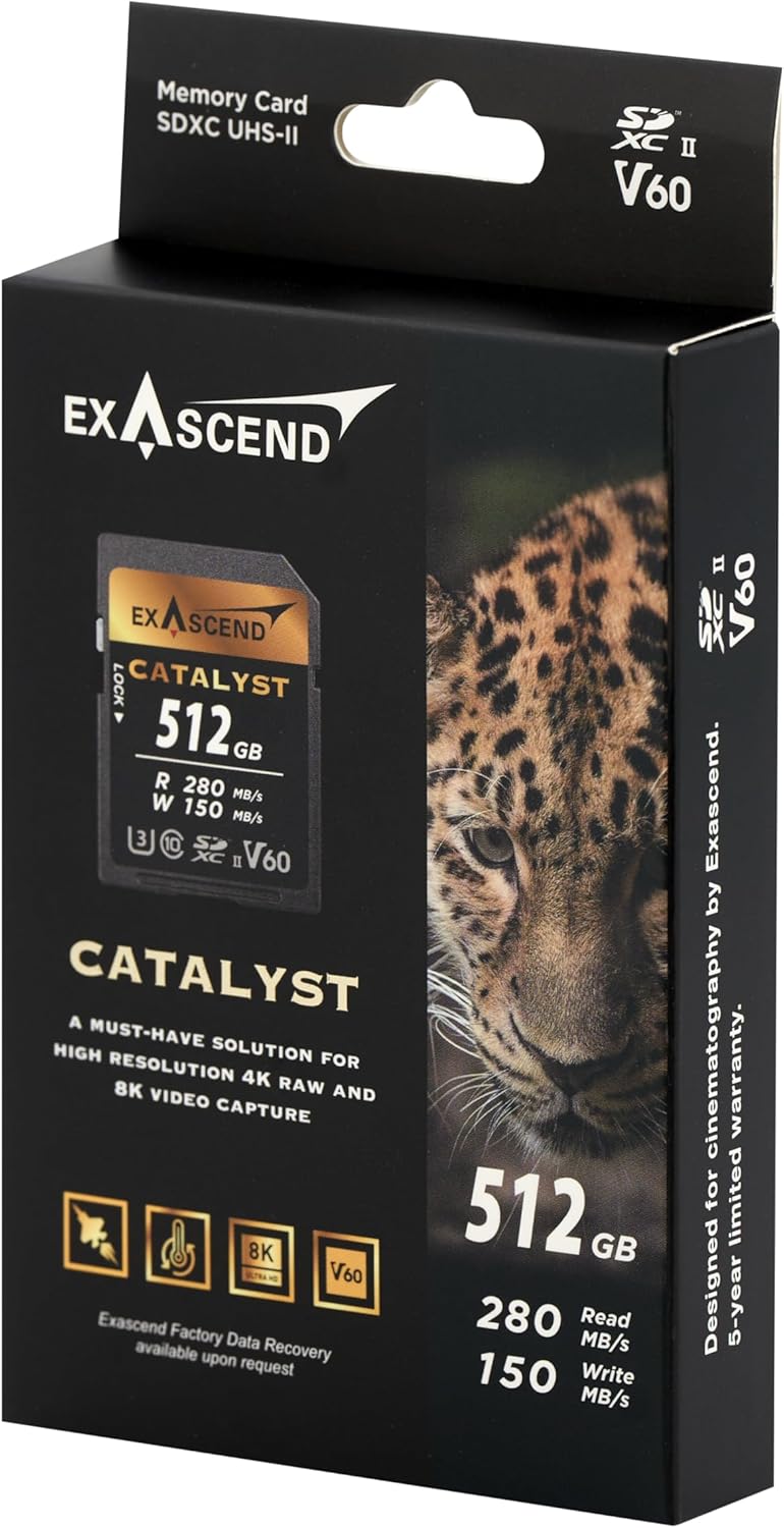 Exascend Catalyst SD Card, C10, U3, V60, up to 280MB/s, Compatible with Canon, Nikon, Panasonic and Other Cameras. (512GB)