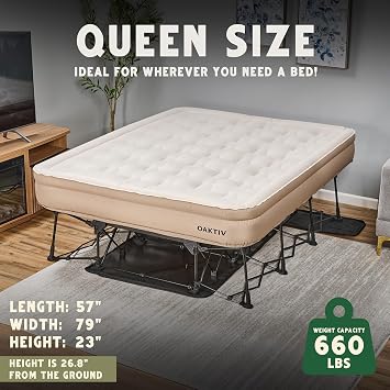 Oaktiv Queen Air Mattress with Frame, Self Inflating/Deflating Blow Up Bed for Adults - PeakRest Camping Cot with Mattress - Portable Queen Size with Travel Rolling Case on Wheels | Self-inflating inflatable mattress with folding camping cot, rolling case, and quick deflation for home or camping.