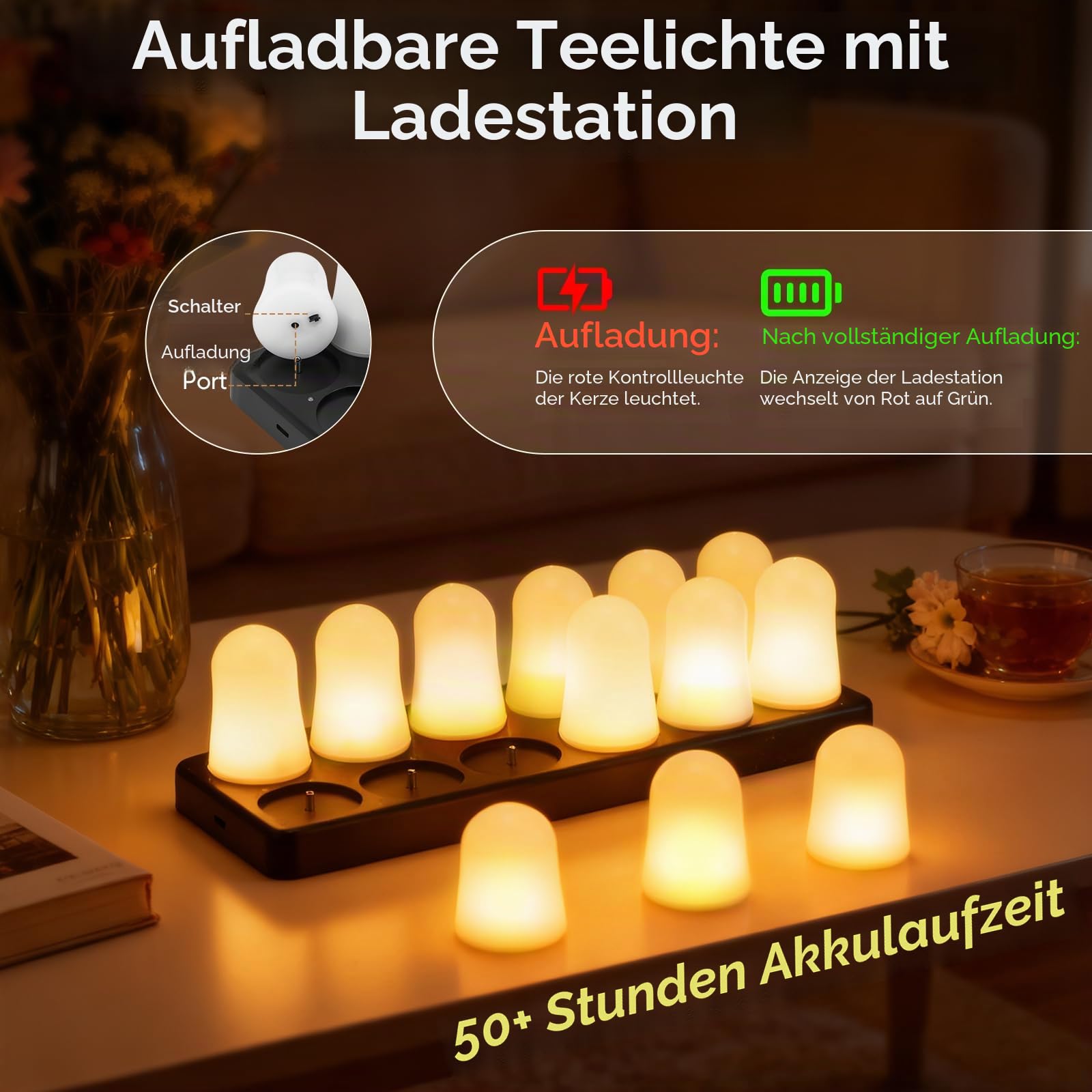 LED Teelichter RGB, 12er Pack, Mehrfarbig mit Warmweiß, Magnetische Aufladbare Basis, Fernbedienung, Ladestation, 5x5x25 cm