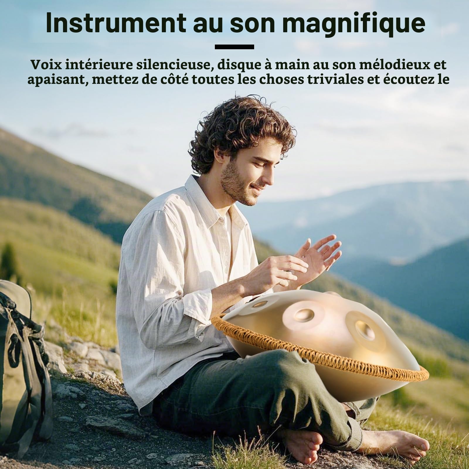 Handpan - Instrument de percussion manuel en ré mineur 440 Hz - 9 tons - Tambour manuel de 56 cm - "Gold Performer" Tambour à languette avec sac, maillet, support, pour débutants