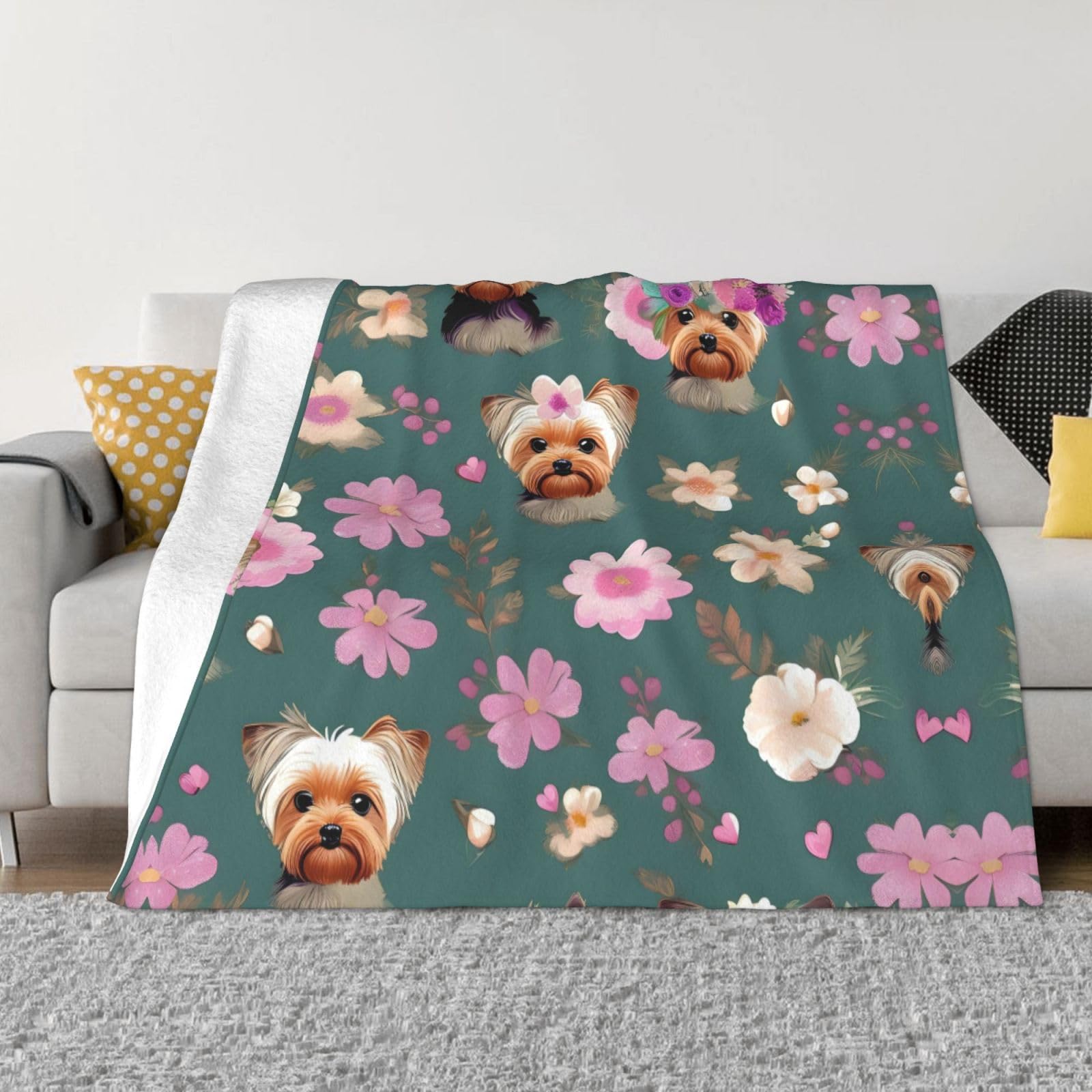 Couverture pour canapé et lit motif Yorkie plaid fleuri pour extérieur