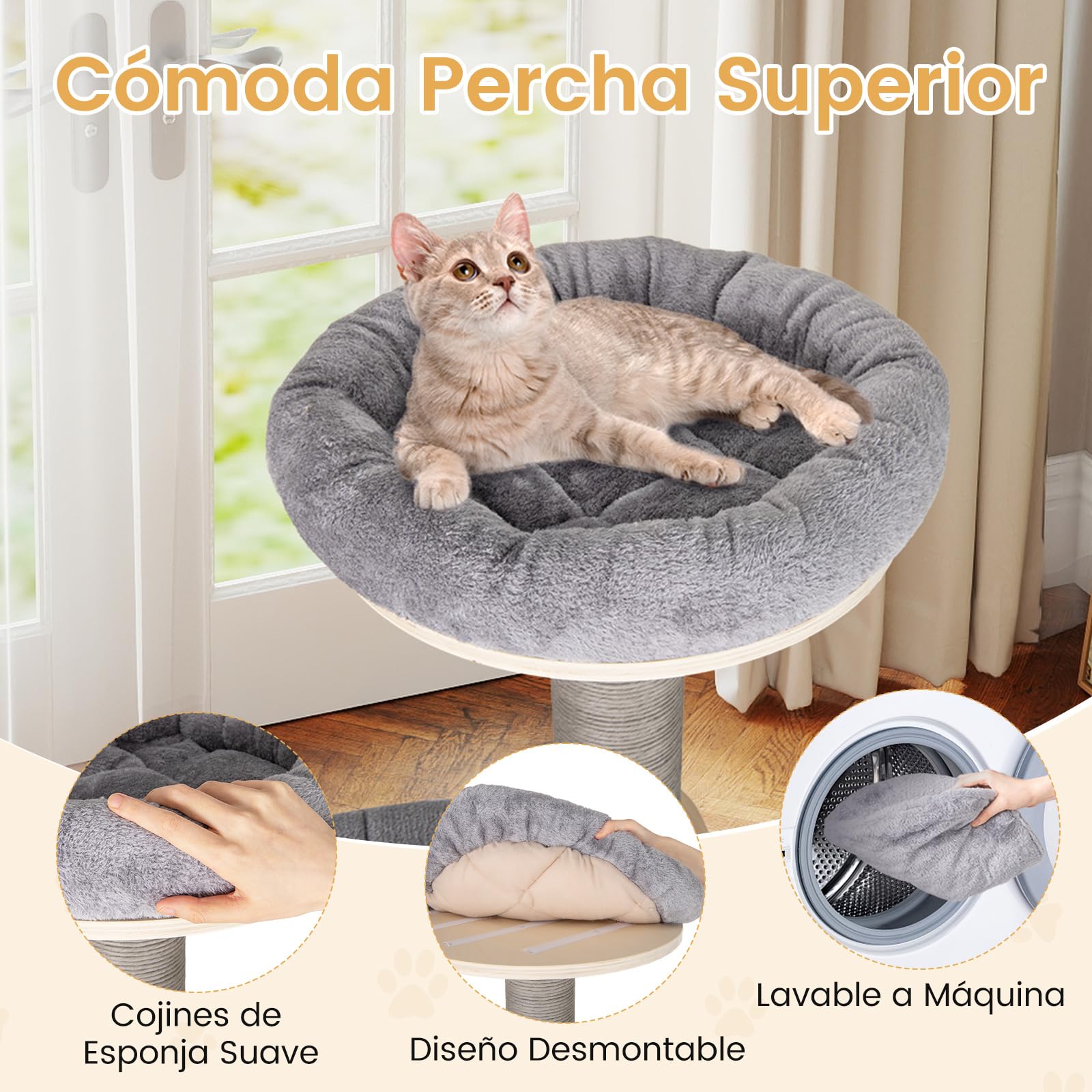 COSTWAY Árbol Rascador para Gatos de 197 cm, Torre para Gatos de Varios Niveles con Plataforma Grande, Perchero Acolchado Superior, Condo, Esteras Desmontables, Postes para Rascar, Castillo Gato, Gris
