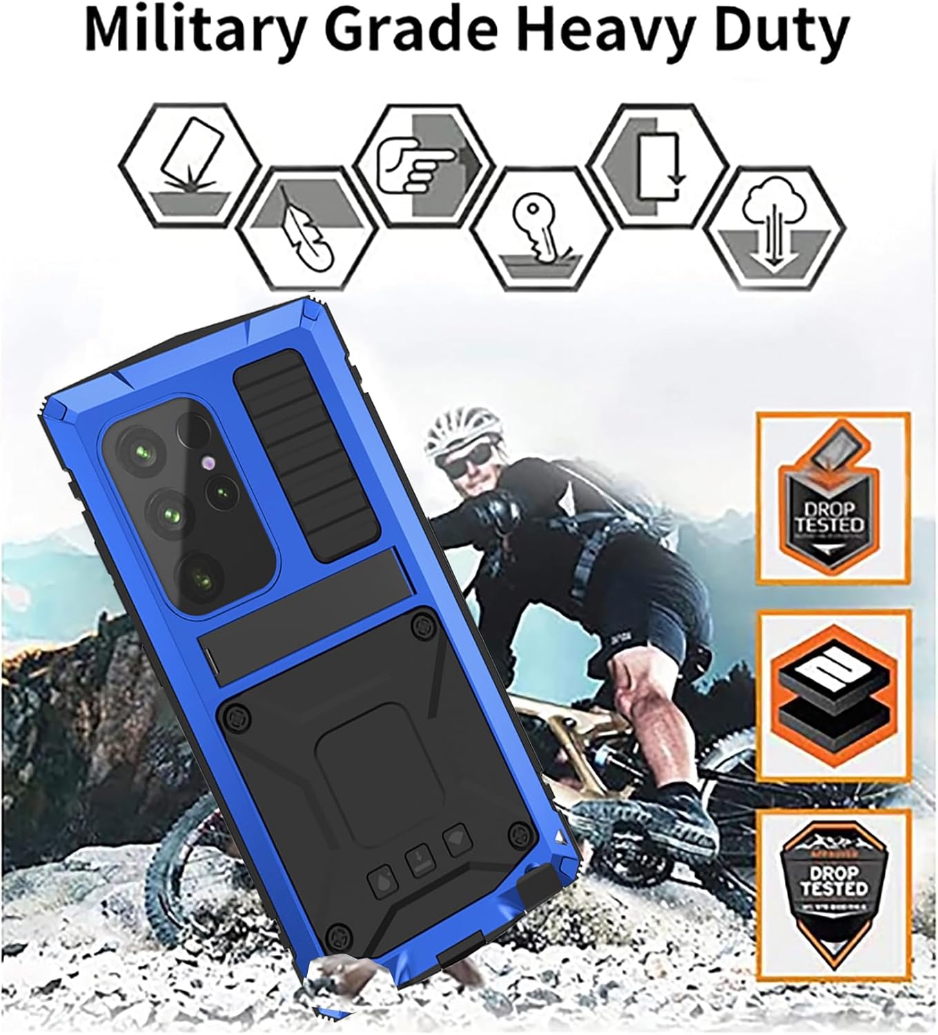 Simicoo Compatible with Samsung Galaxy S25 Plus Metal Bumper Case with Stand Screen Protector Camera Cover Hybrid Durable Metallic Military Dust Proof Heavy Duty Full Body Man (Blue)