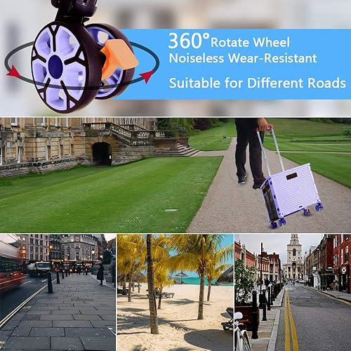 Miniatura 5 de Carrito plegable portátil plegable con mango telescópico de plástico resistente, plegable, 4 ruedas giratorias para viajes, compras, mudanza,
