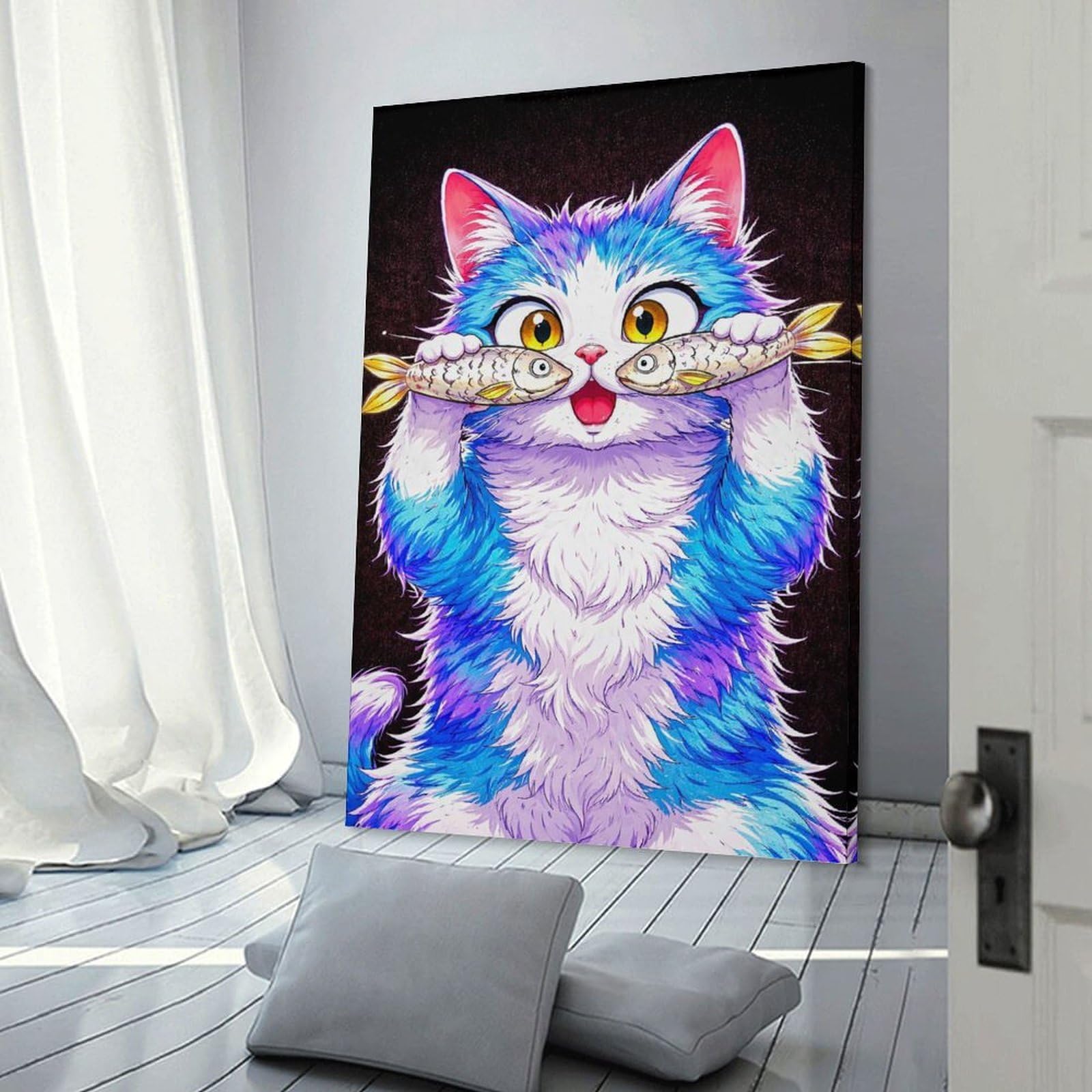 Junmoney Cute Cat Holding Fish Canvas Wall Decor, 16x24inch(40x60cm), for Gallery Wall Decor And Room Displays, Wall Decor Suited to Curated Displays