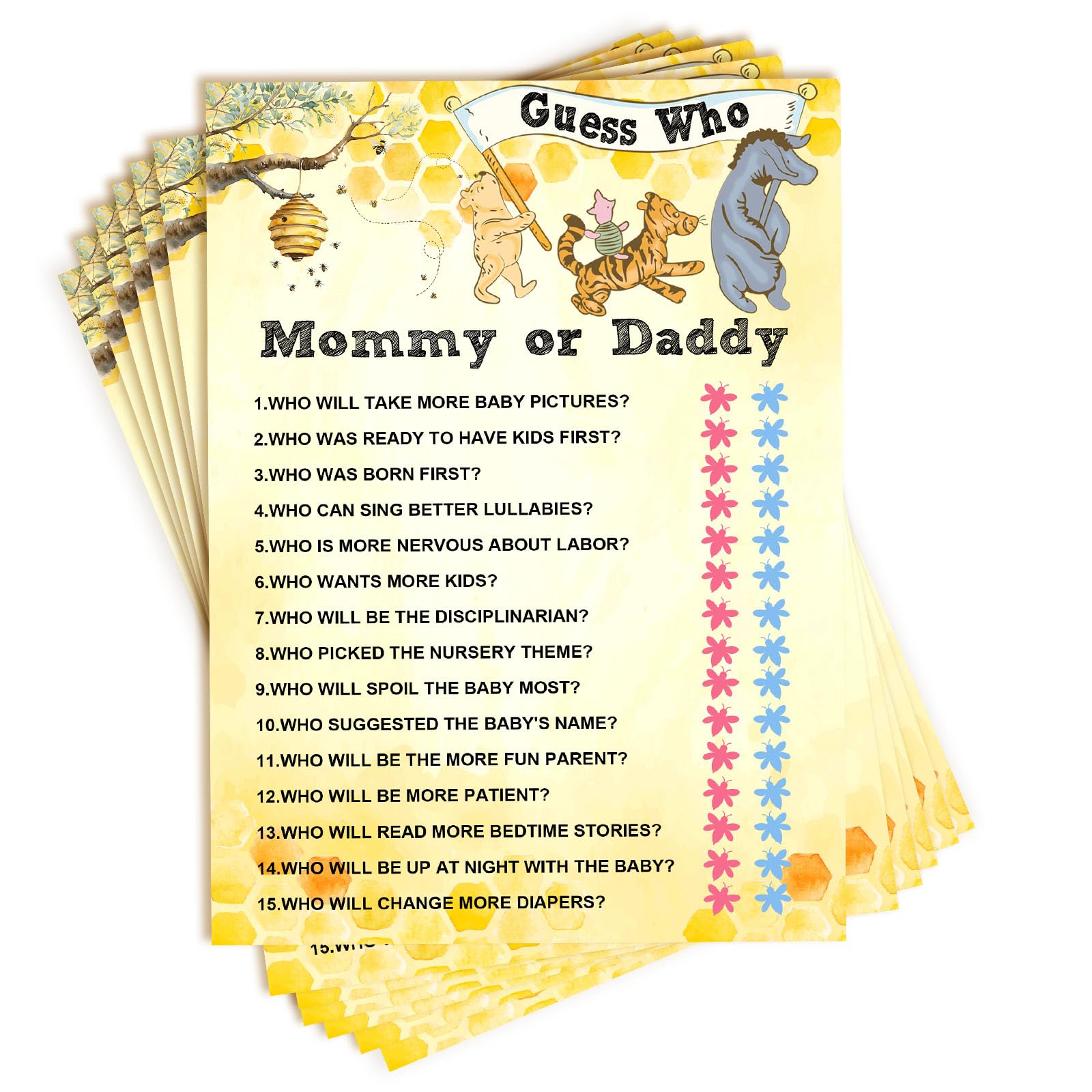 QZCYU Winnie Double-Sided Printing Baby Shower Games, Baby Shower Party Cards Include 30Pcs Guess Who Mommy or Daddy, Pooh Bear Party Decorations
