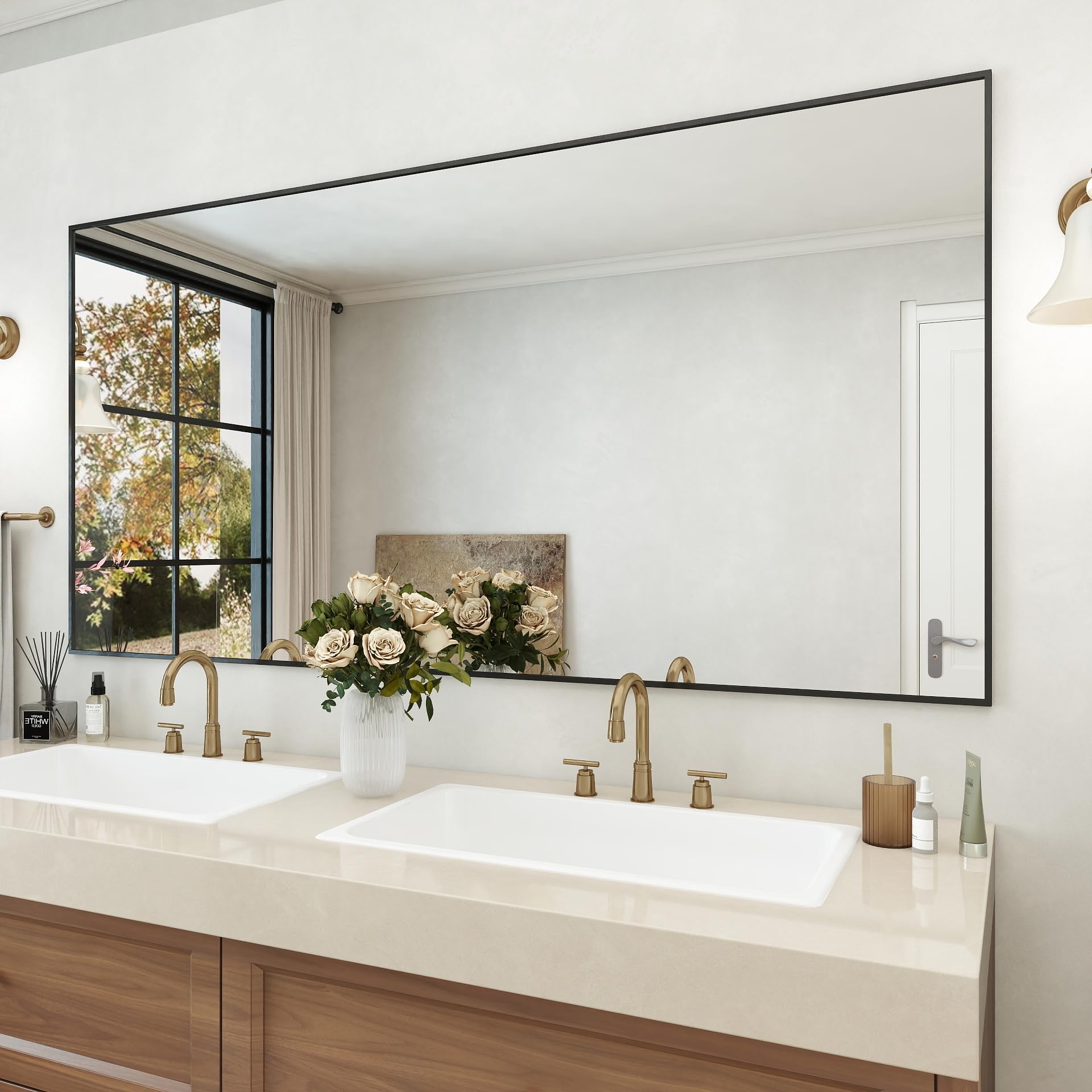 72x36 Matte Black Framed Bathroom Mirror Large Rectangle Wall Mirror Rectangular Vanity Mirror Farmhouse Anti-Rust Tempered Glass Shatter-Proof