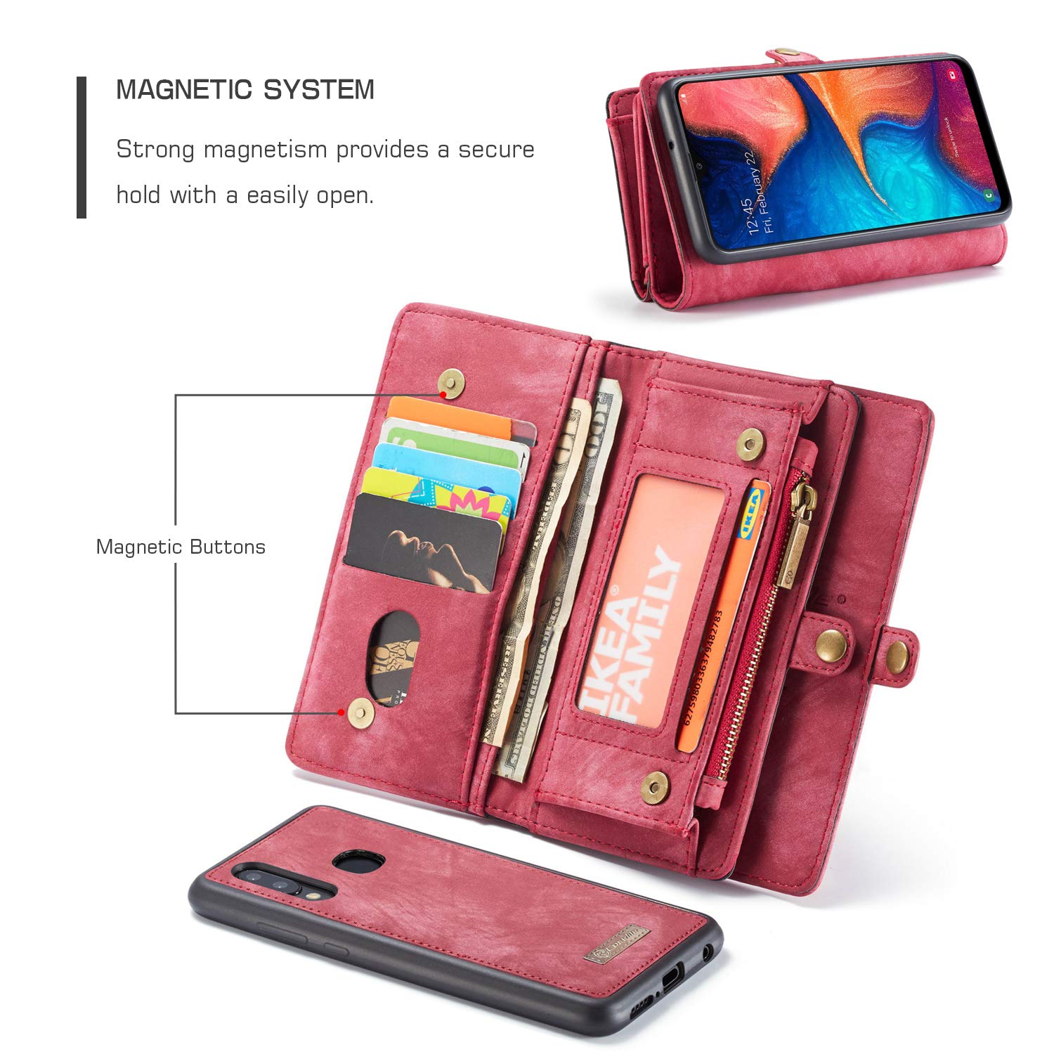 Simicoo Samsung A20 A30 - Portafoglio in pelle con cerniera e scomparti per carte di credito, con chiusura magnetica, con manico, antiurto, per Samsung A20 A30 (rosso, A20)