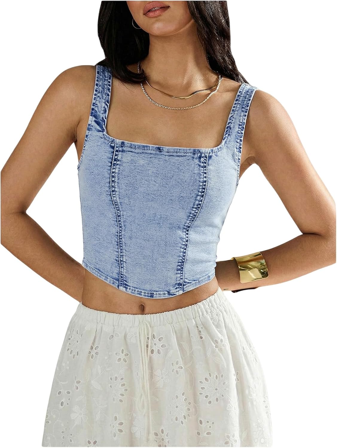 SHENHE Women's Denim Tank Top Sleeveless Square Neck Backless Slim Fit Y2k Crop Top