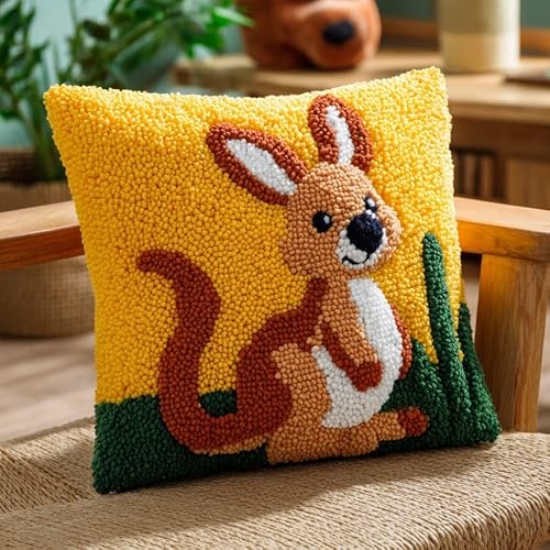 Henypt Latch Hook Cushion Making Set 17x17in,Cartoon Kangaroo Beginner Friendly DIY Needlecraft Craft Kit for Adults,Ideal for Sofa & Bedroom