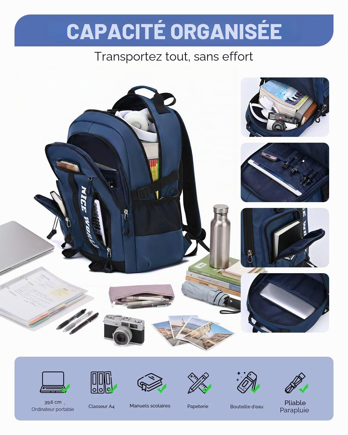 Amythe Sac à Dos Garçon Adolescent - Cartable Garçon Collège Lycée Grande Capacité 29L - Sac à Dos Scolaire Moderne Imperméable Léger 10-22 Ans pour École, Voyage, Noël, Bleu