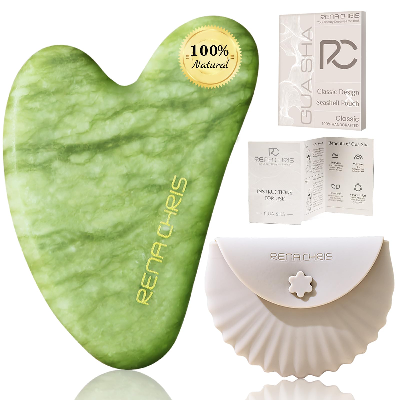 Rena Chris Gua Sha Facial Tools, Xiuyan Jade Stone Guasha Tool for Face Massage, Manual Facial Massager Tool for Jawline Sculpting and Puffiness Reduction with Silicone Case (Green)