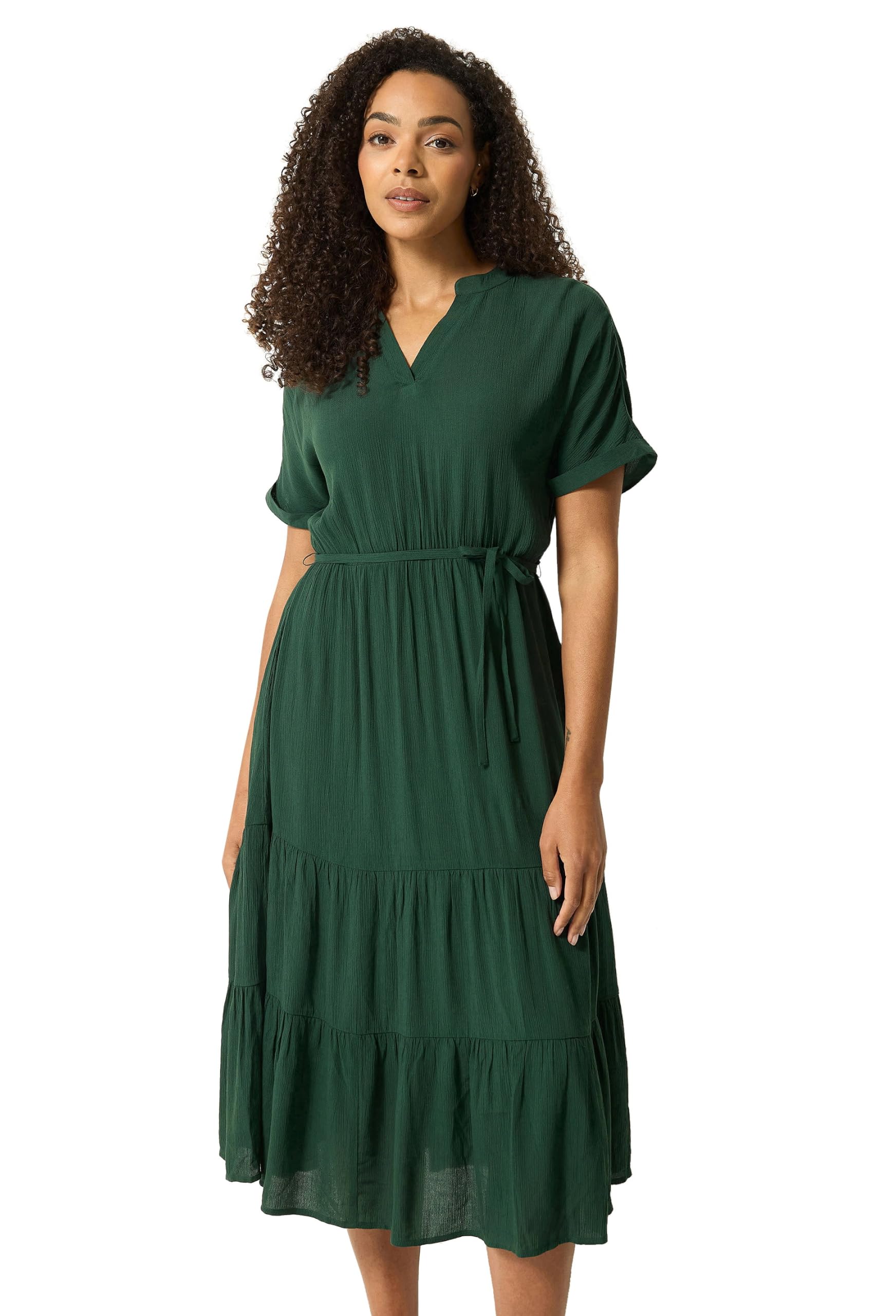 M&Co Women's Tiered Tie Waist Midi Dress in Dark Green | Size: 10
