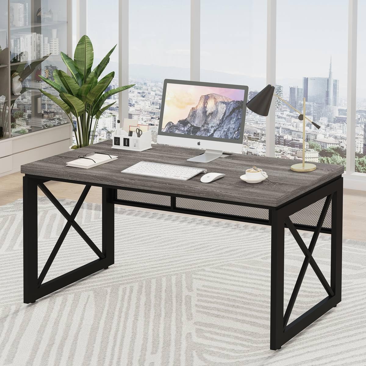Industrial Computer Desk, Rustic Wood Desks for Home Office, Sturdy Metal Writing Work Table (60 Inch, Dark Grey Oak)