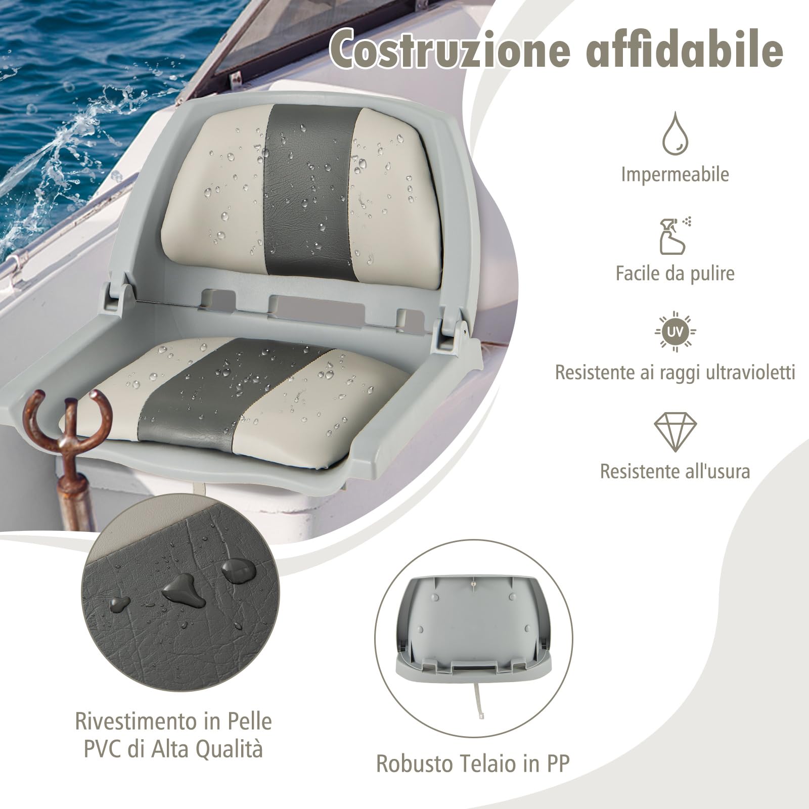 COSTWAY Sedia da Barca Pieghevole, Sedia con Schienale Basso con Cuscini Imbottiti in PVC, Telaio in PP, Bulloni di Fissaggio, Sedia Impermeabile per Barca da Pesca, Barca Turistica, 57 x 51 x 35 cm