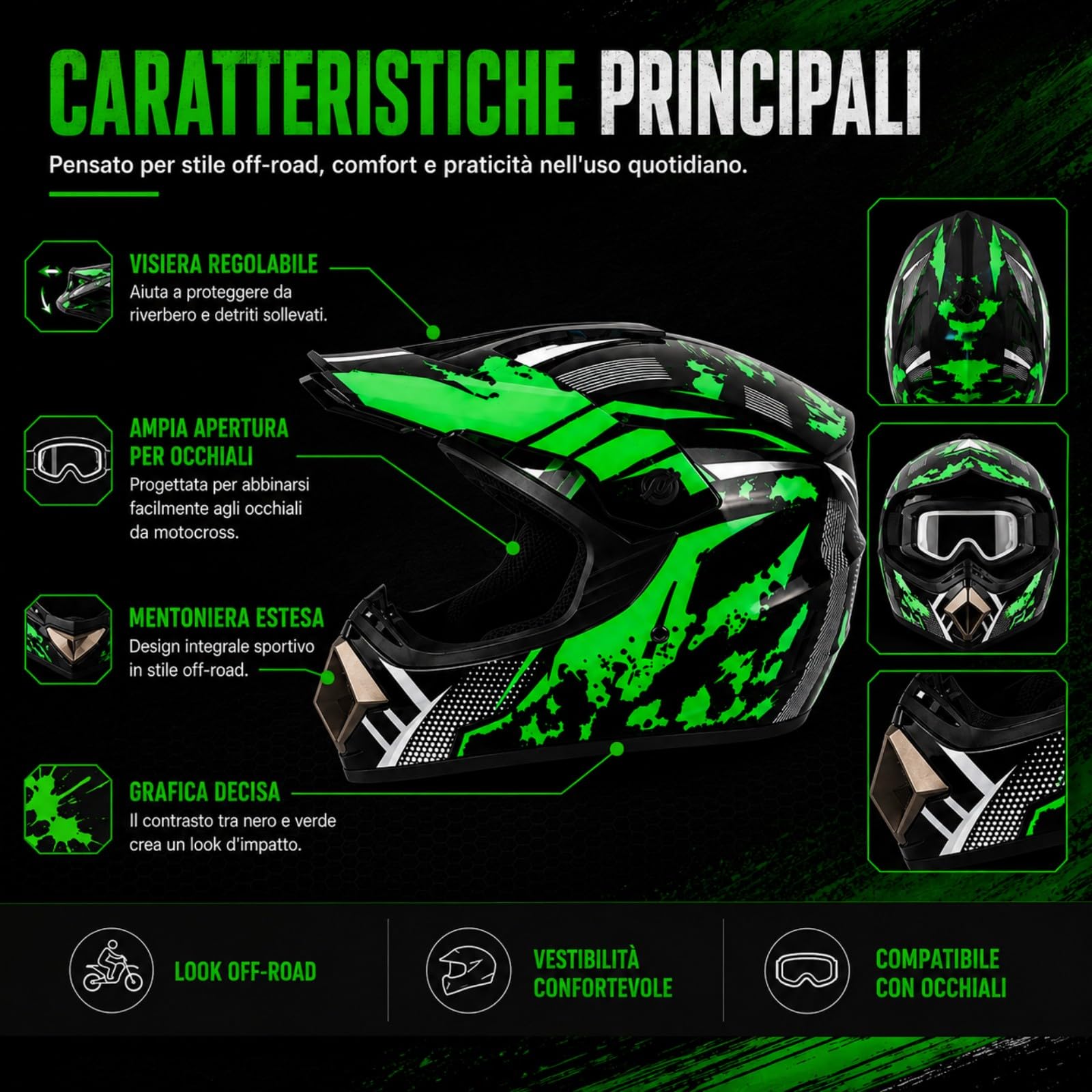 Casco Integrale MTB BMX nero e verde acceso con Occhiali e Guanti